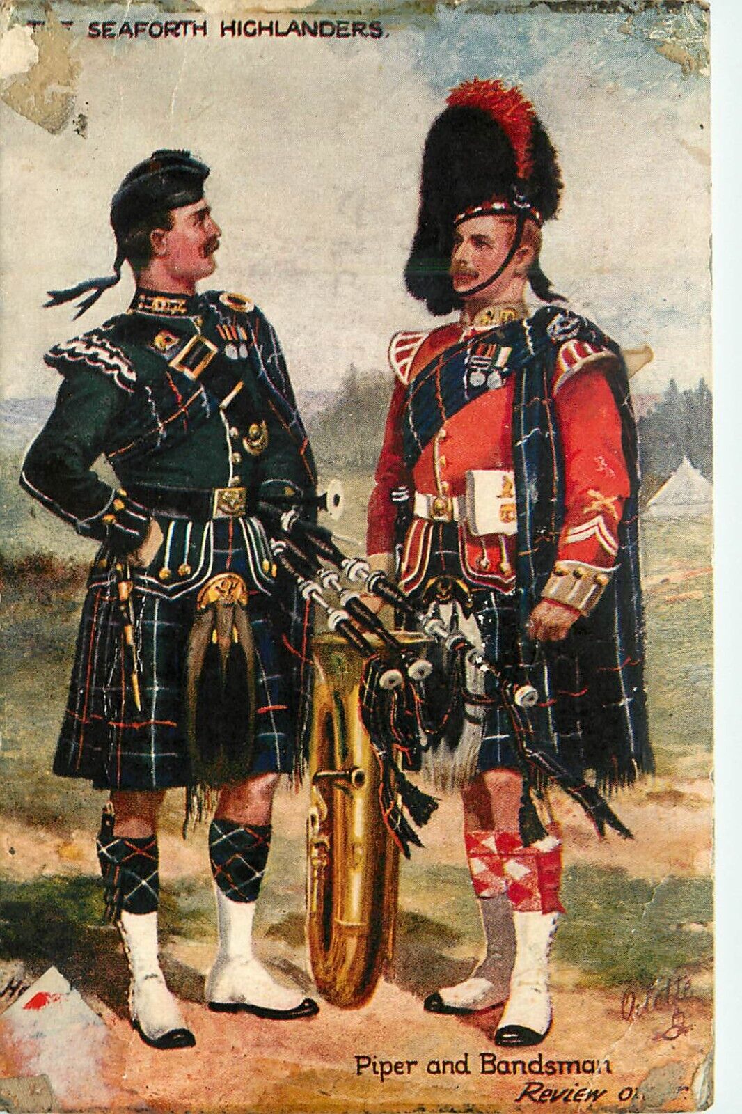 Tuck Postcard Scots Pipers The Seaforth Highlanders 3642 Piper and Bandsman