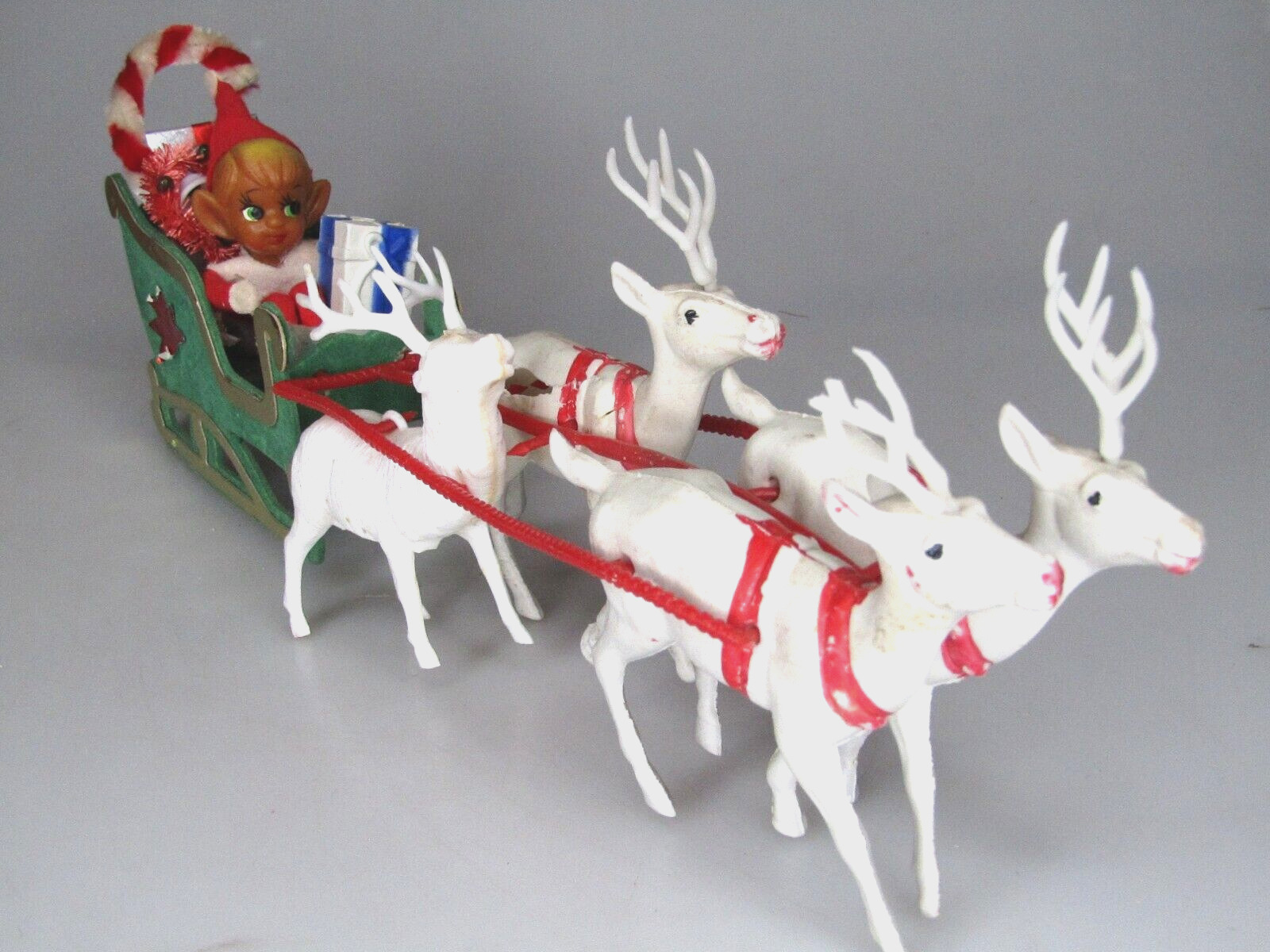 Vintage Christmas Plastic Pixie Elf Santa Sleight 6 Reindeer Decoration Japan