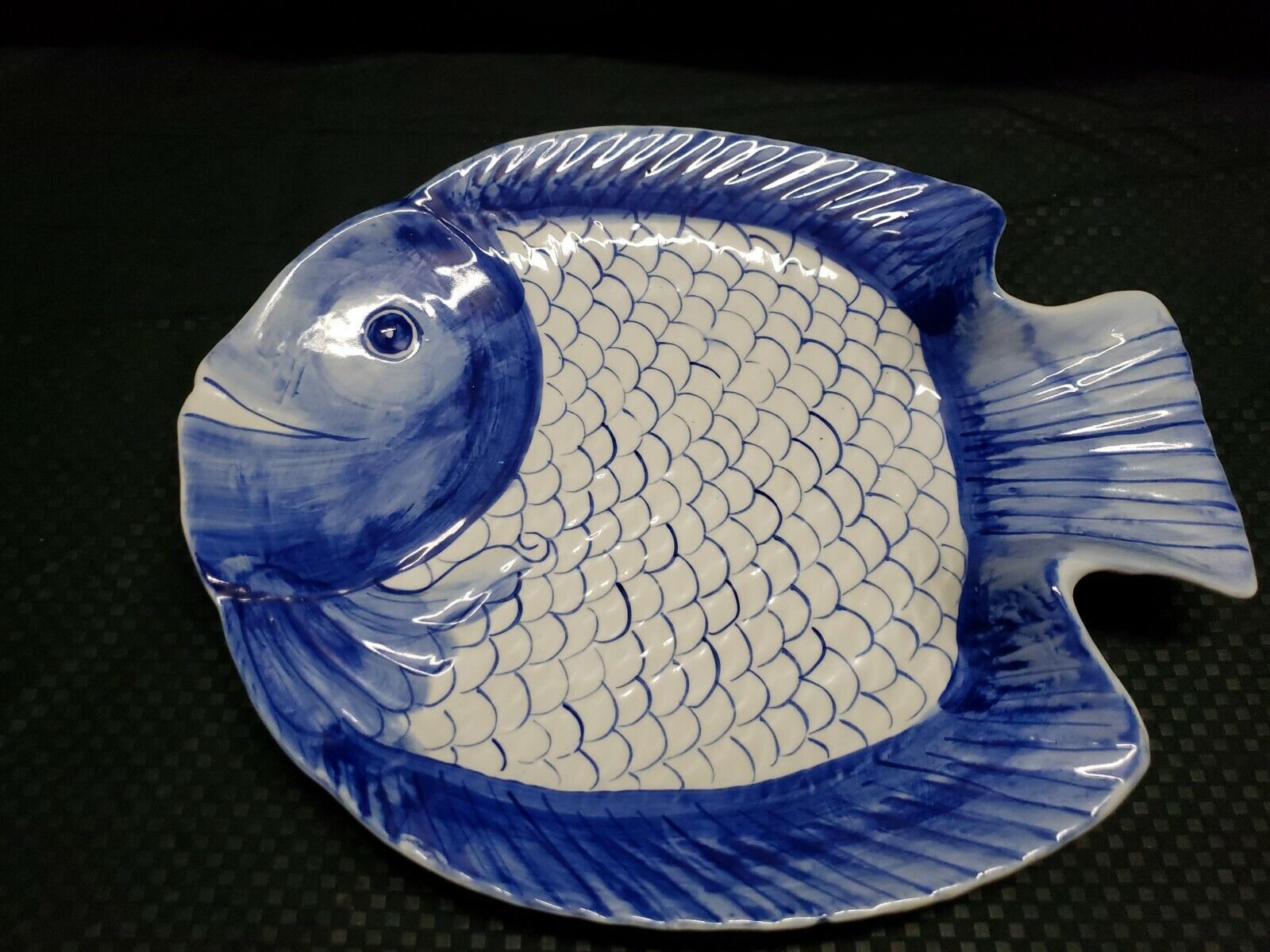Large Handpainted Fish Shaped Platter Cobalt Blue & White. Fish Scales 13\