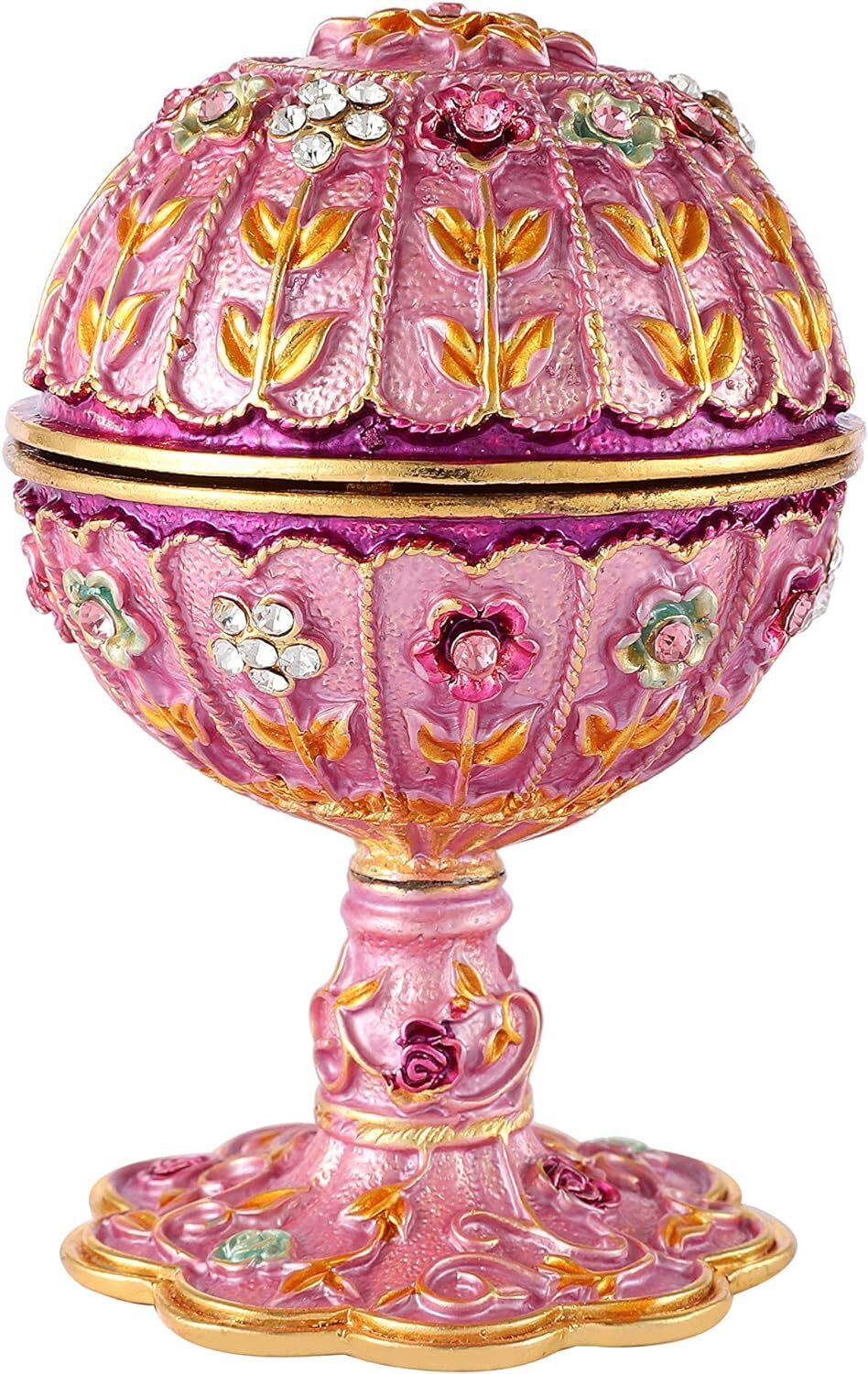 Bejeweled Pink Faberge Egg Hinged Metal Enameled Crystal Trinket box Classic