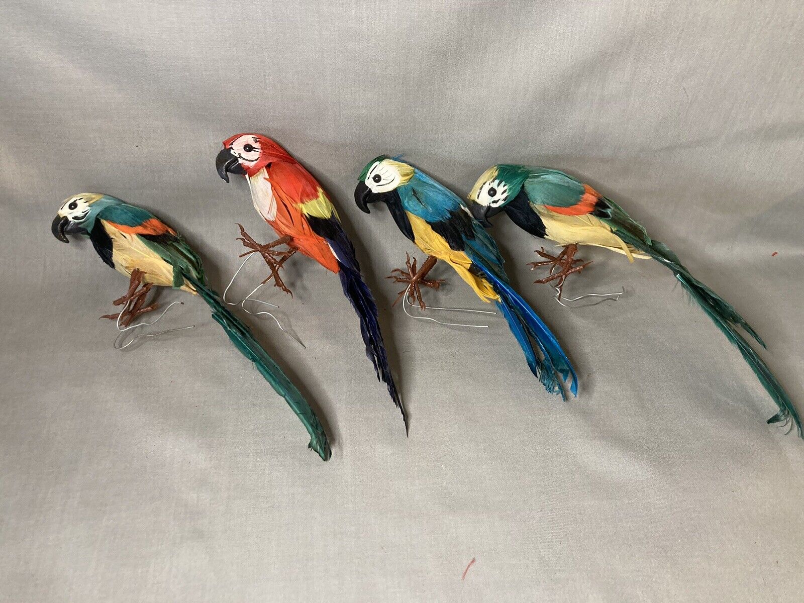 4 Vintage Feather Bird Parrot Christmas Ornaments Wire-On Real Feathers
