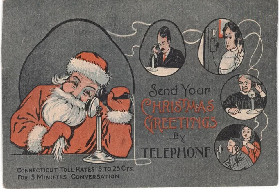 Santa Claus on Phone~Connecticut Christmas Telephone Rates Ad 1910 Postcard~h922