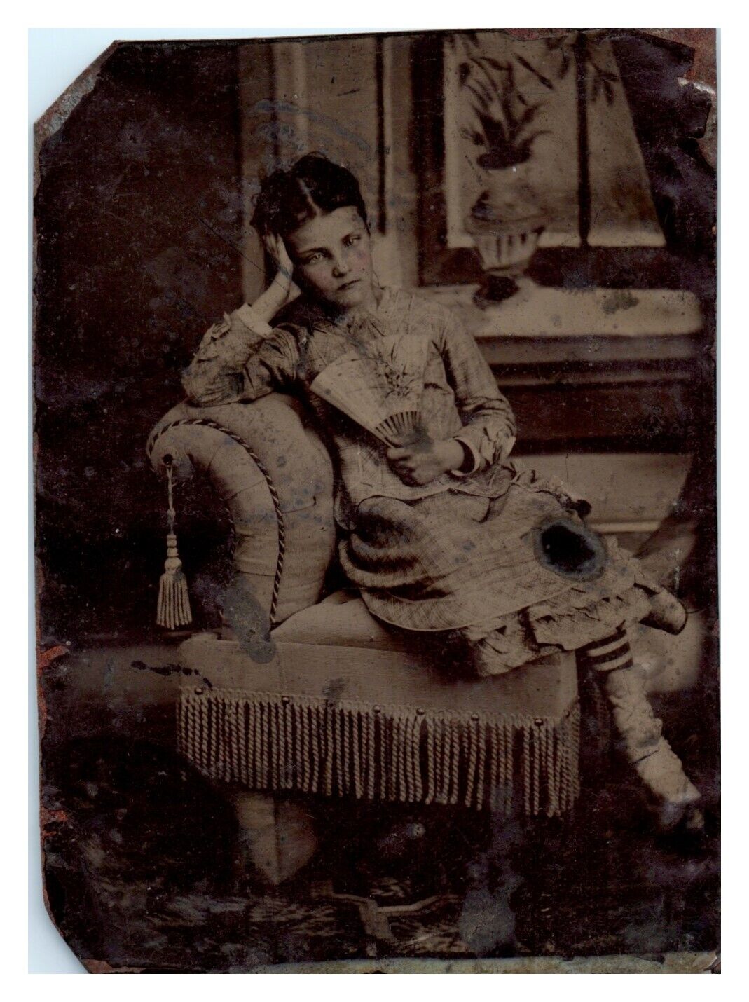 Annoyed Pretty Young Lady Hand Fan Striped Stockings Fringe 1/6 Plate Tintype A3