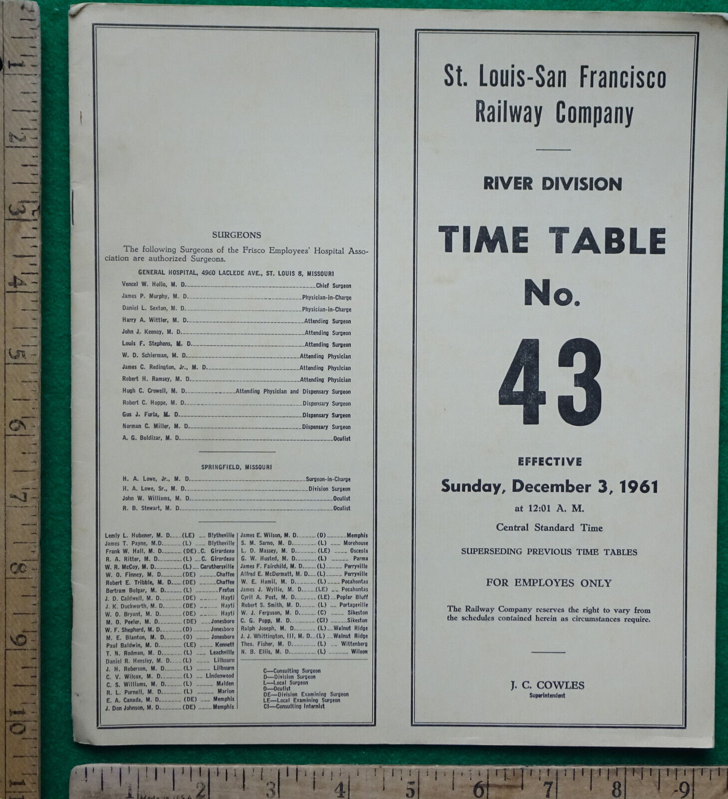 Frisco Lines ST Louis & San Francisco RY ETT River Division December 3 1961 #43
