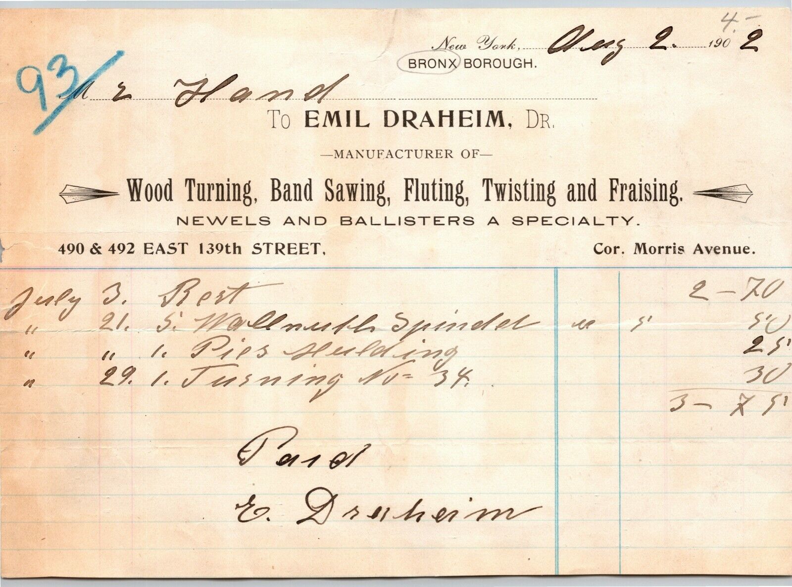 1902 Bronx, NY Letterhead Emil Draheim Wood Turning Band Sawing Fluting Twisting