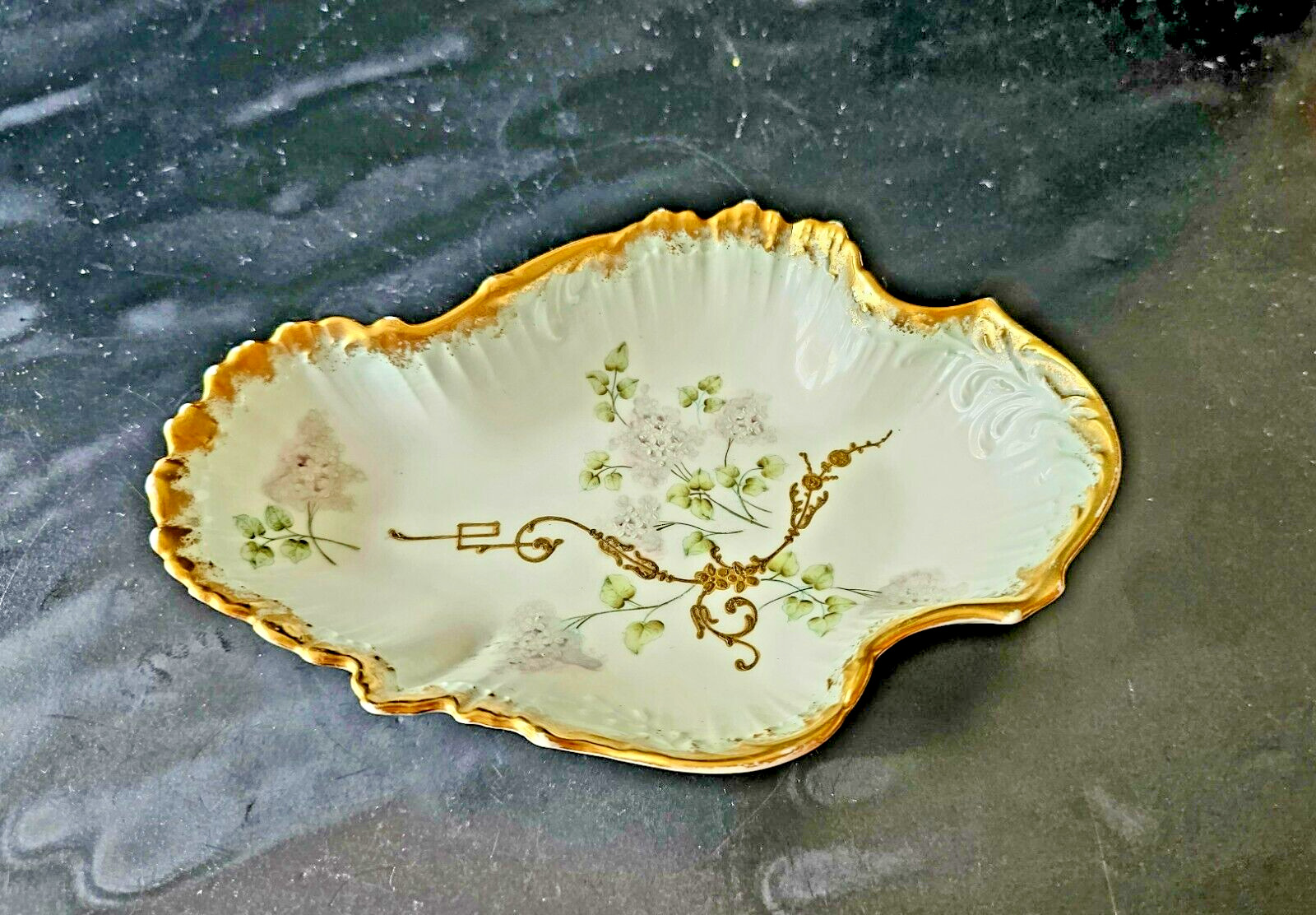 Antique - Elite Limoges - Porcelain - Candy Dish with Wisteria and Gold Trim