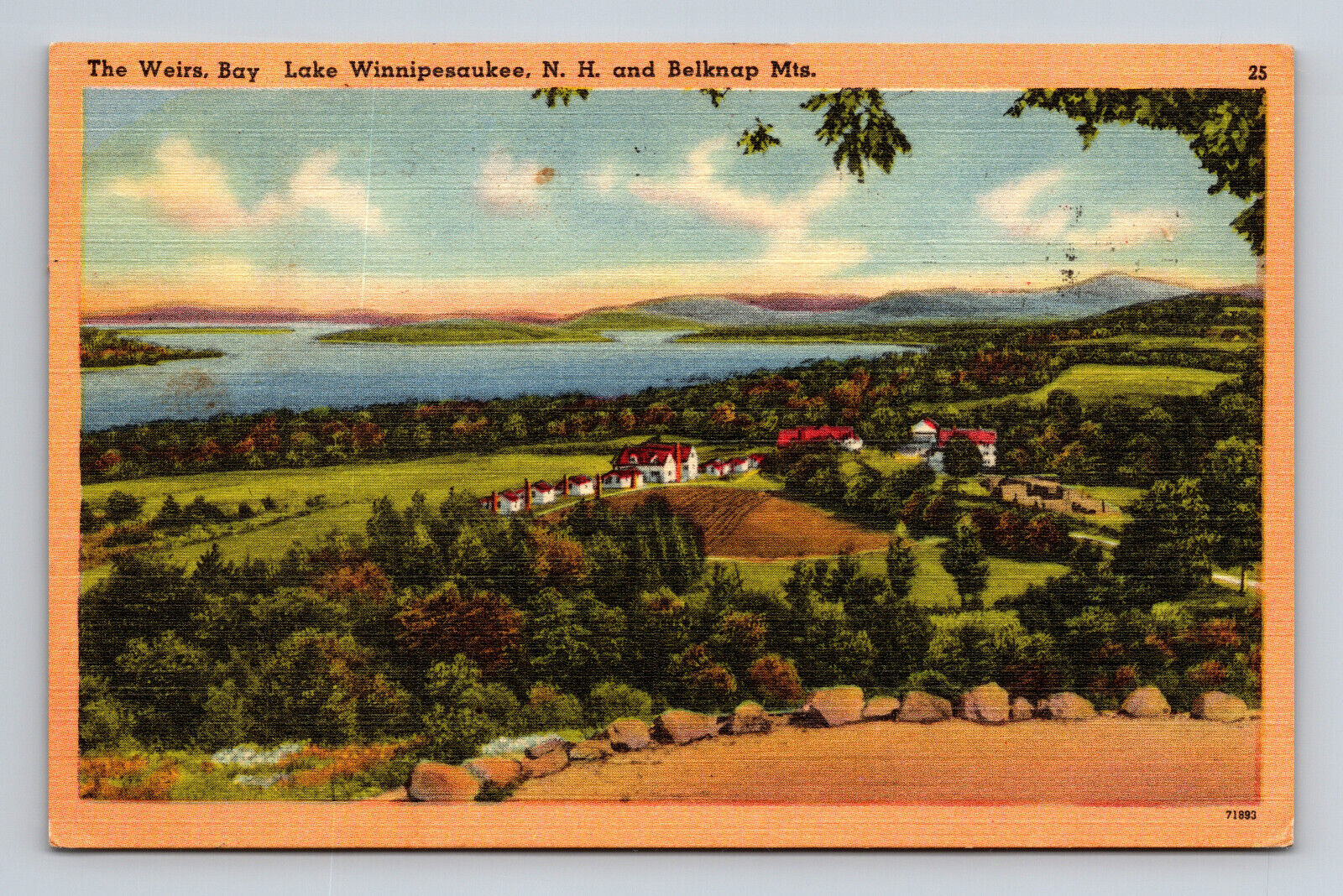 Weirs Bay Lake Winnipesaukee Belknap Mountains New Hampshire NH Linen Postcard