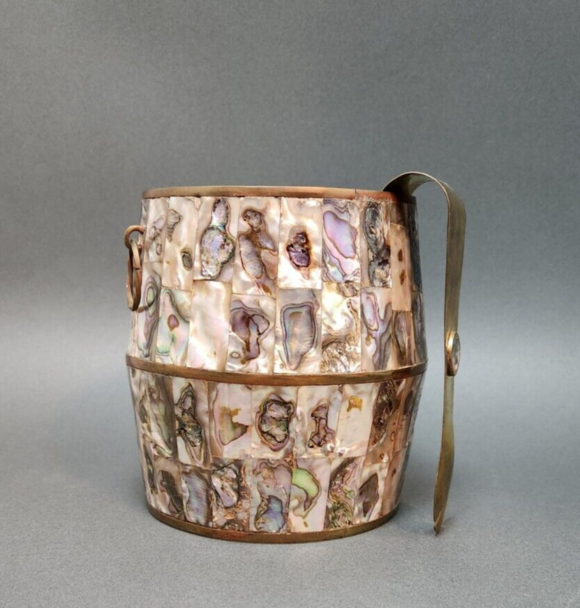 Vintage Abalone & Brass Ice Bucket w/Tongs in the Style of Los Castillo