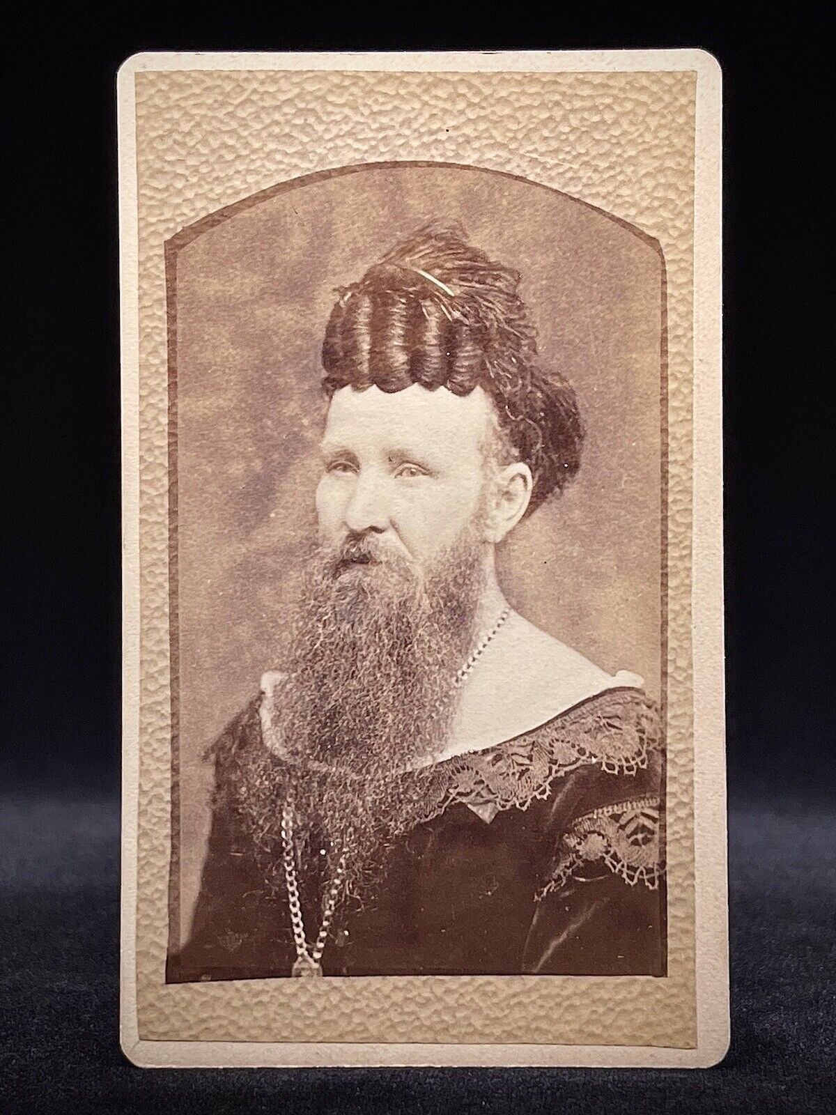 VERY RARE CIRCUS CDV - BEARDED LADY WITH CRAZY HAIR - 19TH C SIDESHOW FREAK