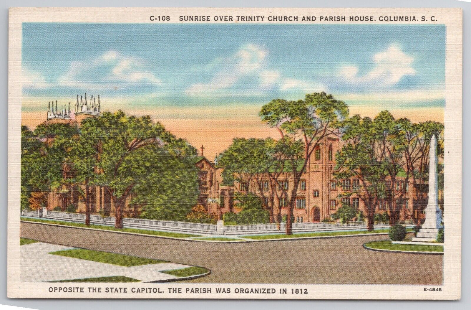 1915-30 Postcard Sunrise Over Trinity Church & Parish House Columbia SC