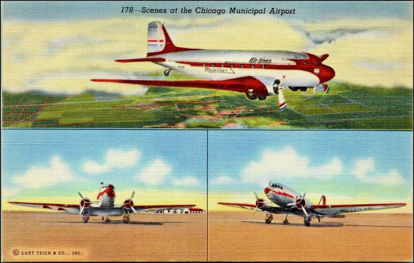 C.1941 Chicago, IL. Municipal Airport. Passenger Jumbo Jet. Mainliner. VTG Card