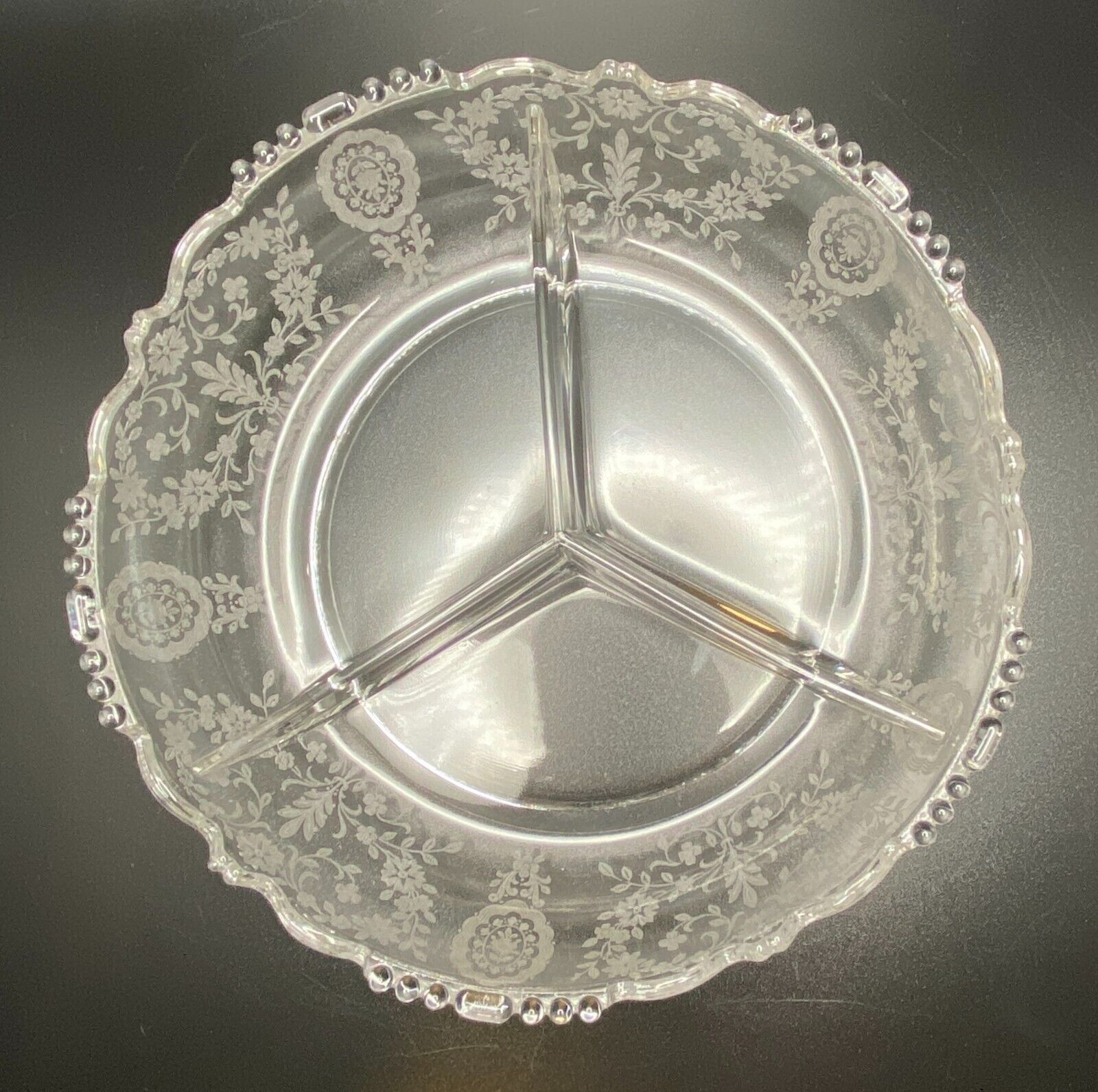 Tiffin-Franciscan Glass Relish Dish Three Section Etched VINTAGE