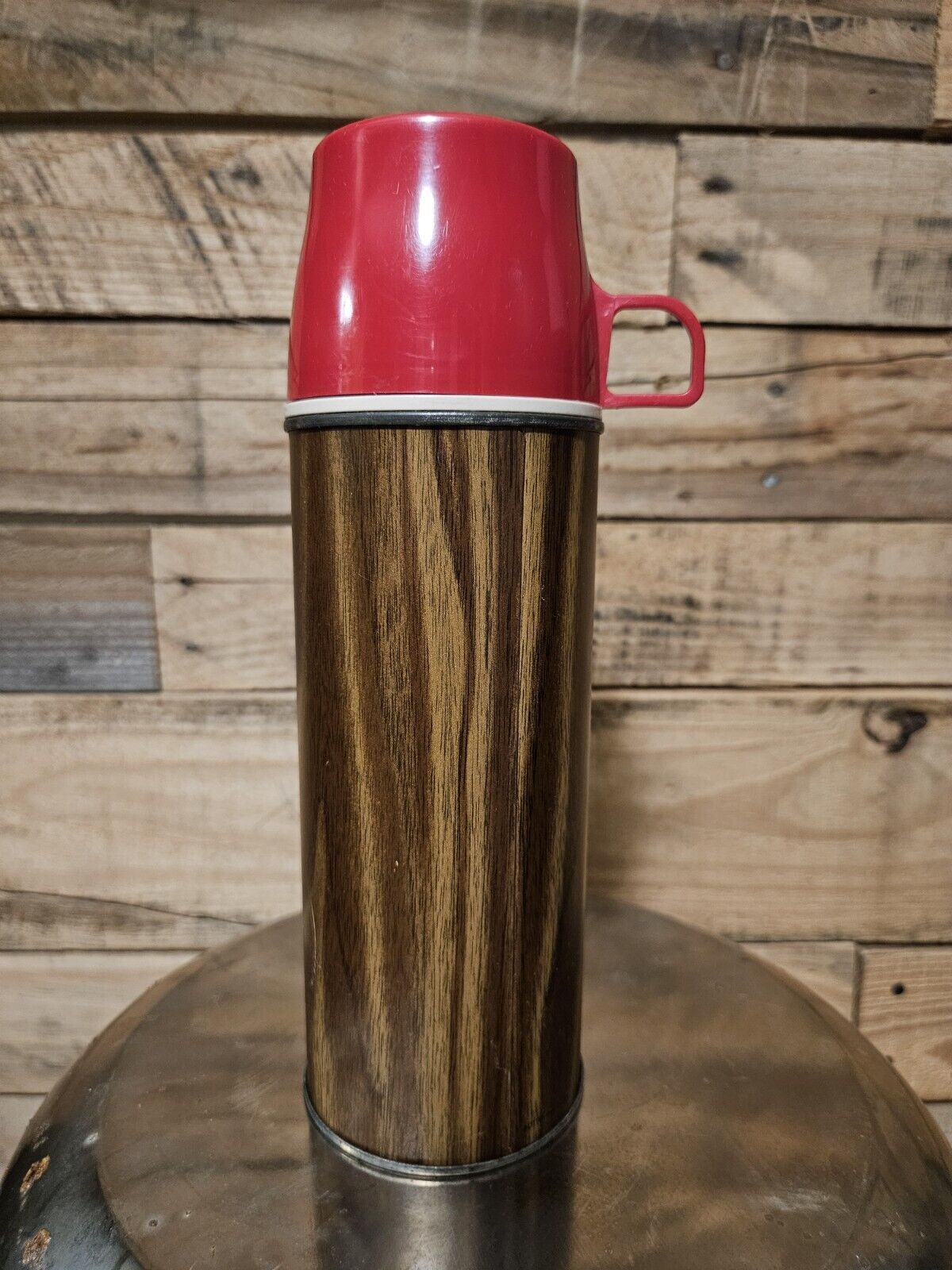 VINTAGE 1970\'s King-Seeley THERMOS Vacuum Bottle Hot/Cold ~ Faux Wood Grain