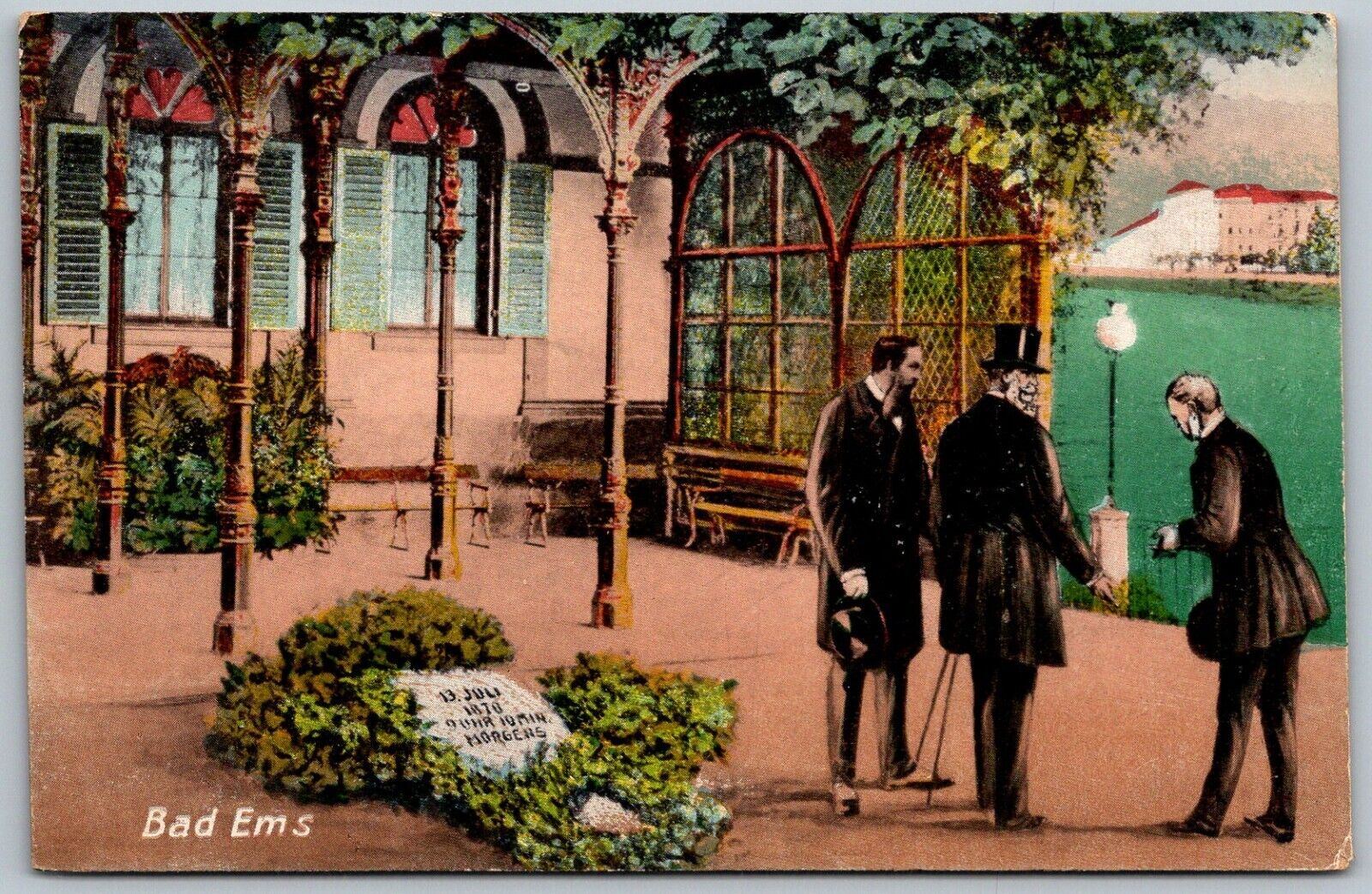 Bad Ems Germany c1910 Postcard Resort Patio Three Men Monument