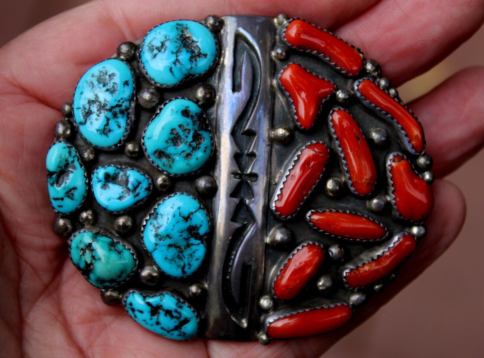 HEFTY Old Pawn Navajo Sterling Silver & Turquoise Stones & Red Coral Buckle