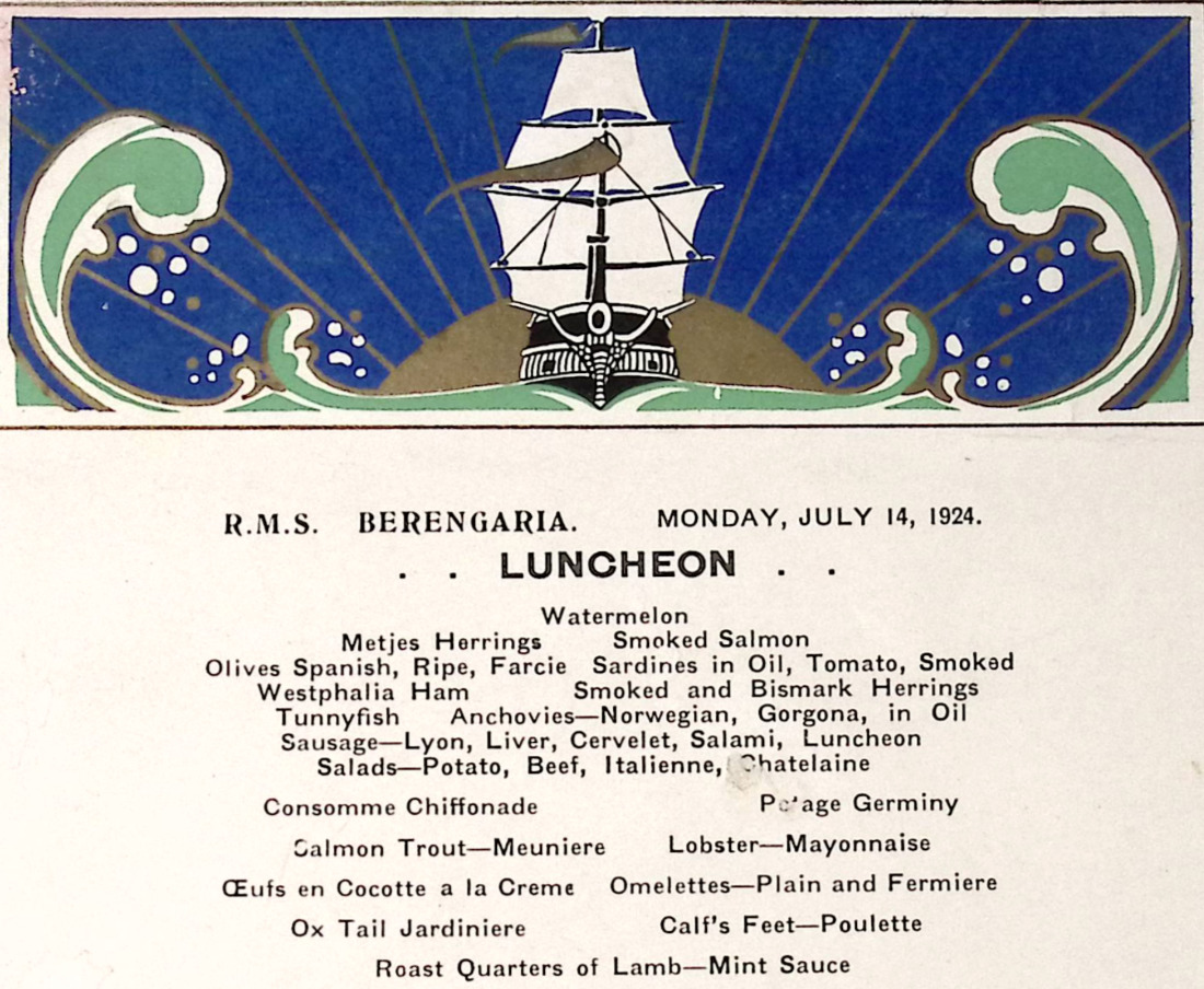 1924 Cunard Line Cruises RMS Berengaria Illustrated Luncheon Menu Calf\'s Feet