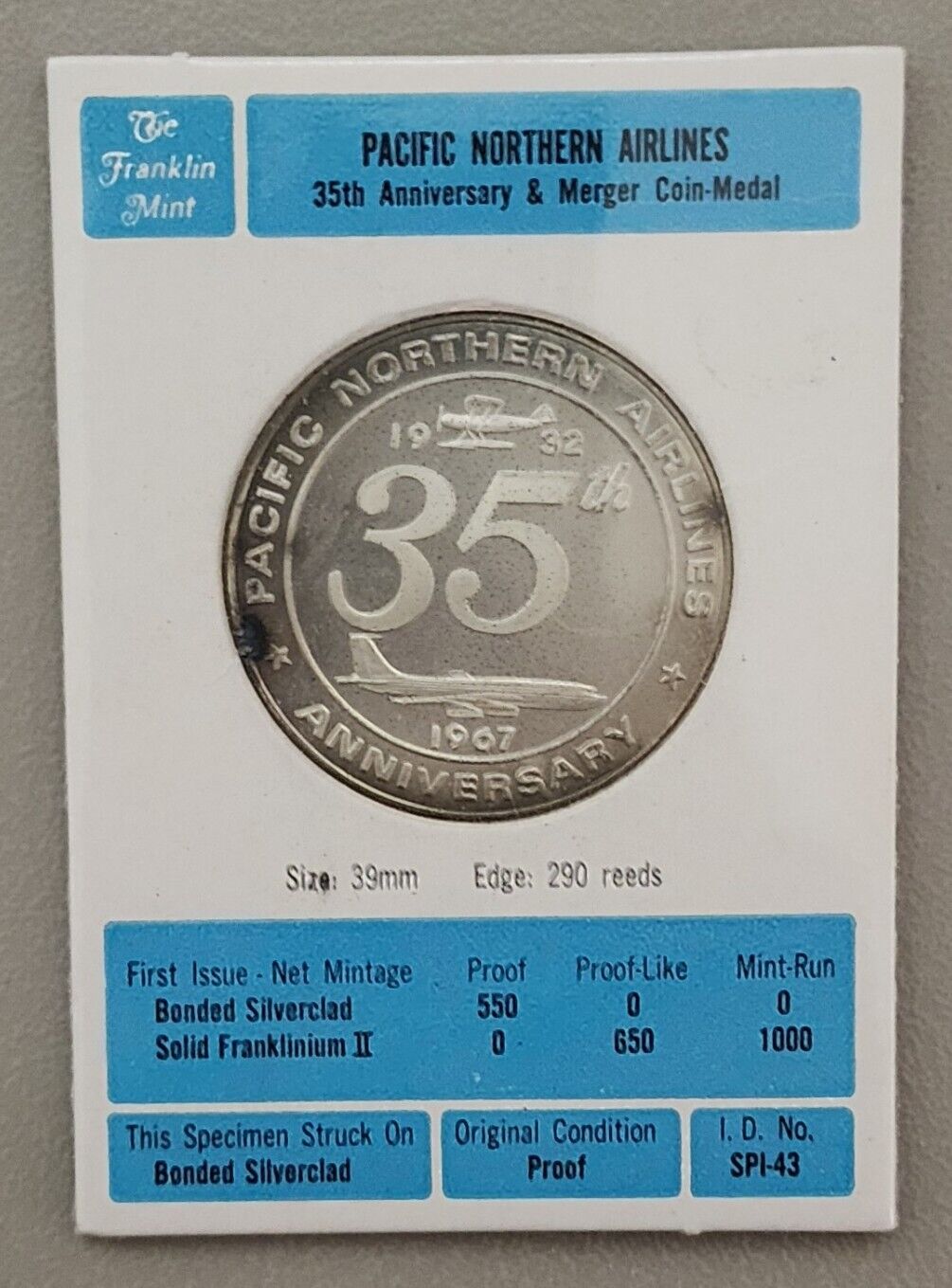 1967 Pacific Northern Airlines 35th Anniversary & Merger Coin Medal Proof of 550