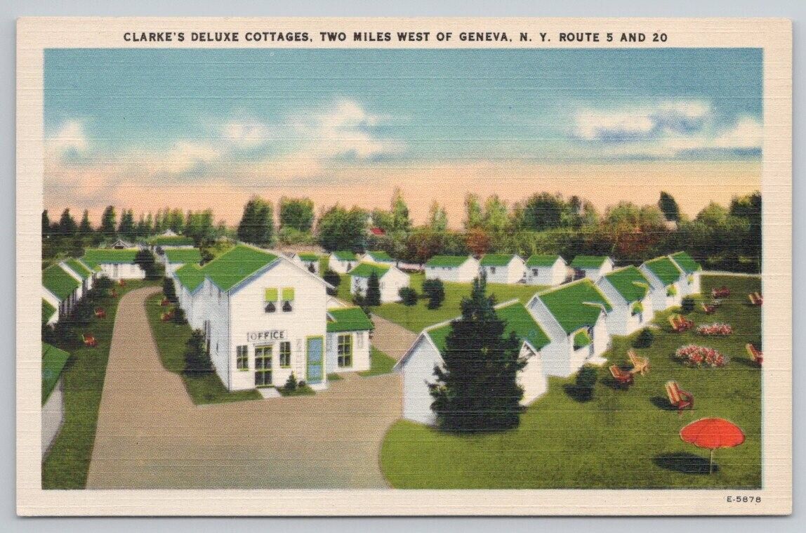 Ad Postcard Clarke\'s Deluxe Cottages Hwys 5 & 20 Geneva NY UNP Linen