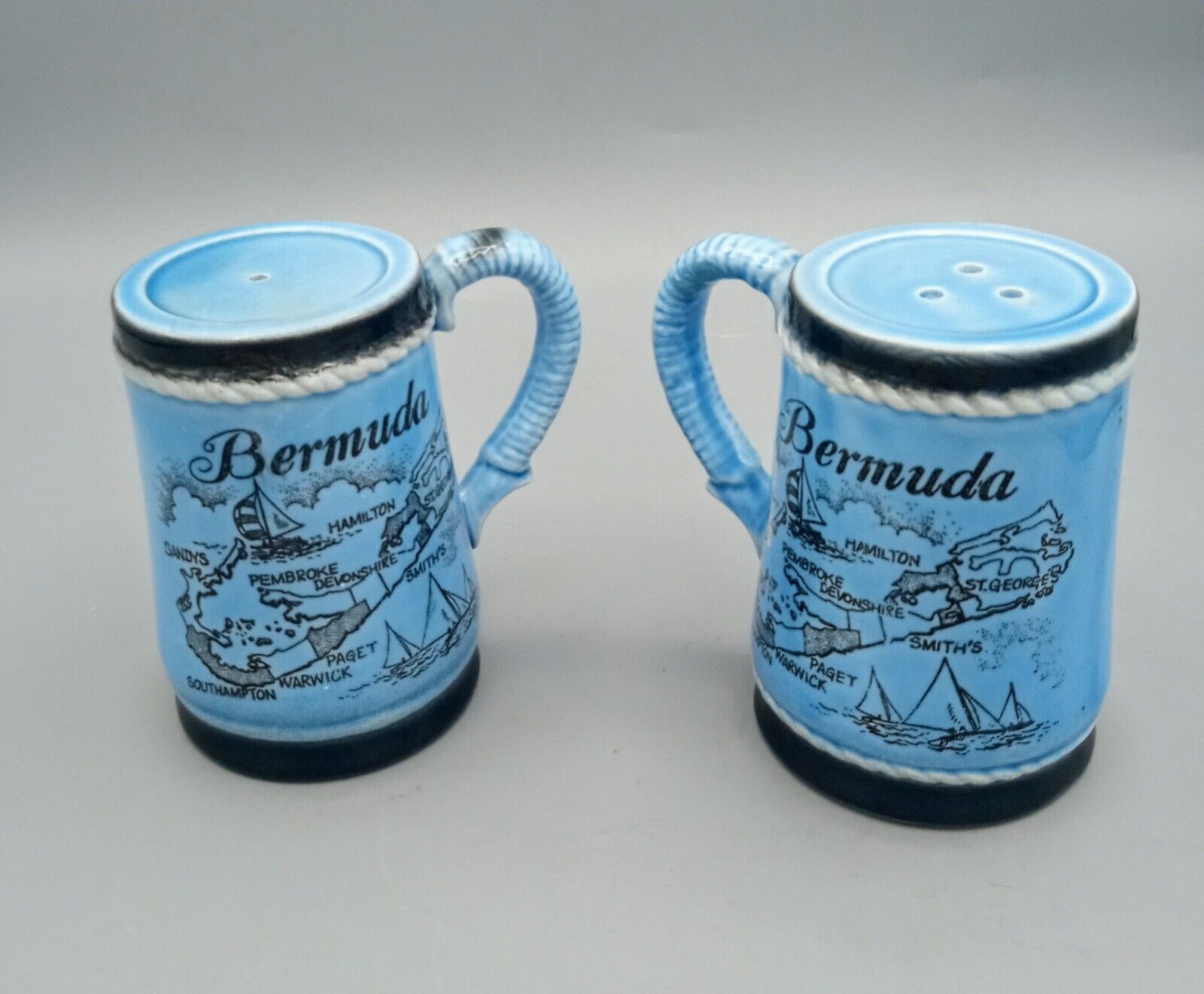 Vintage Salt & Pepper Shakers Bermuda-Blue Ceramic, Handles-Plastic Stoppers