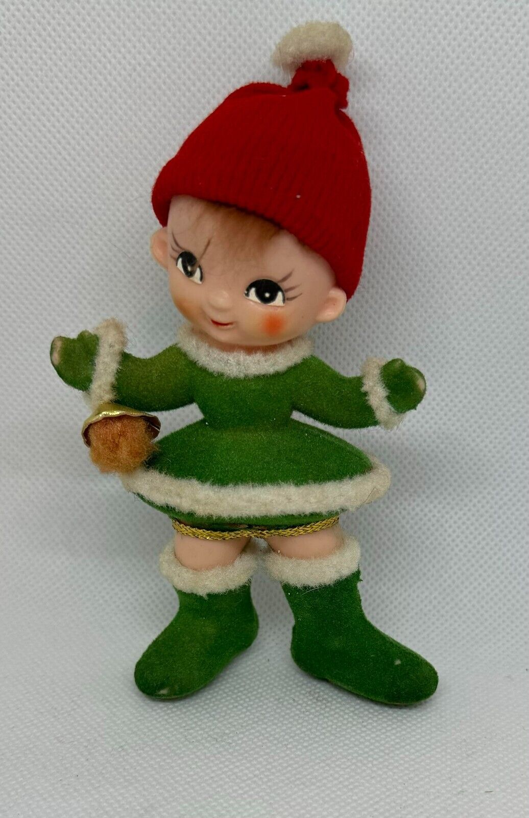 Vintage Flocked Plastic Gril Elf Ornament ~  Green