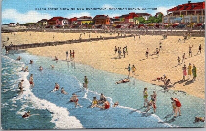 SAVANNAH BEACH, Georgia Postcard Boardwalk and Beach Scene / Kropp Linen c1940s