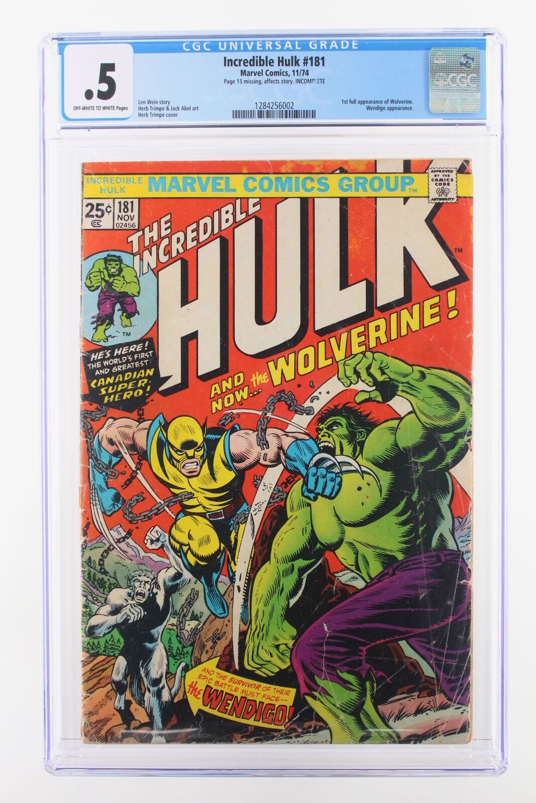 Incredible Hulk #181 - Marvel Comics 1974 CGC .5 1st full appearance of Wolverin
