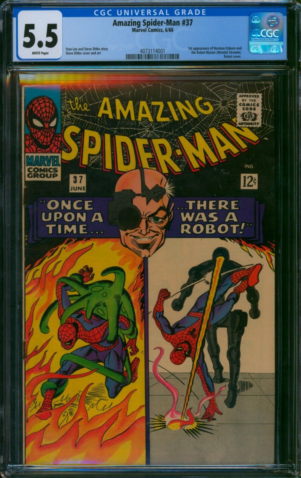 Amazing Spider-Man #37 ❄️ CGC 5.5 WHITE PGs ❄️ 1st App NORMAN OSBORN Marvel 1966