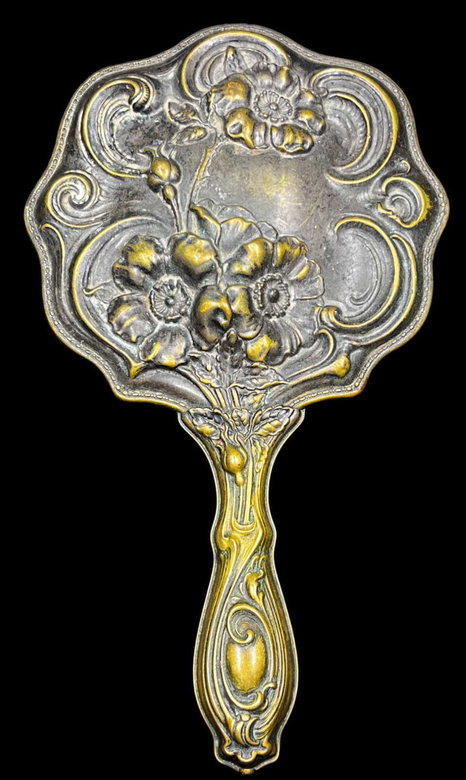 Vintage Art Nouveau Brass Hand Mirror Ornate Carved Flowers Leaves & Scrolls 10\