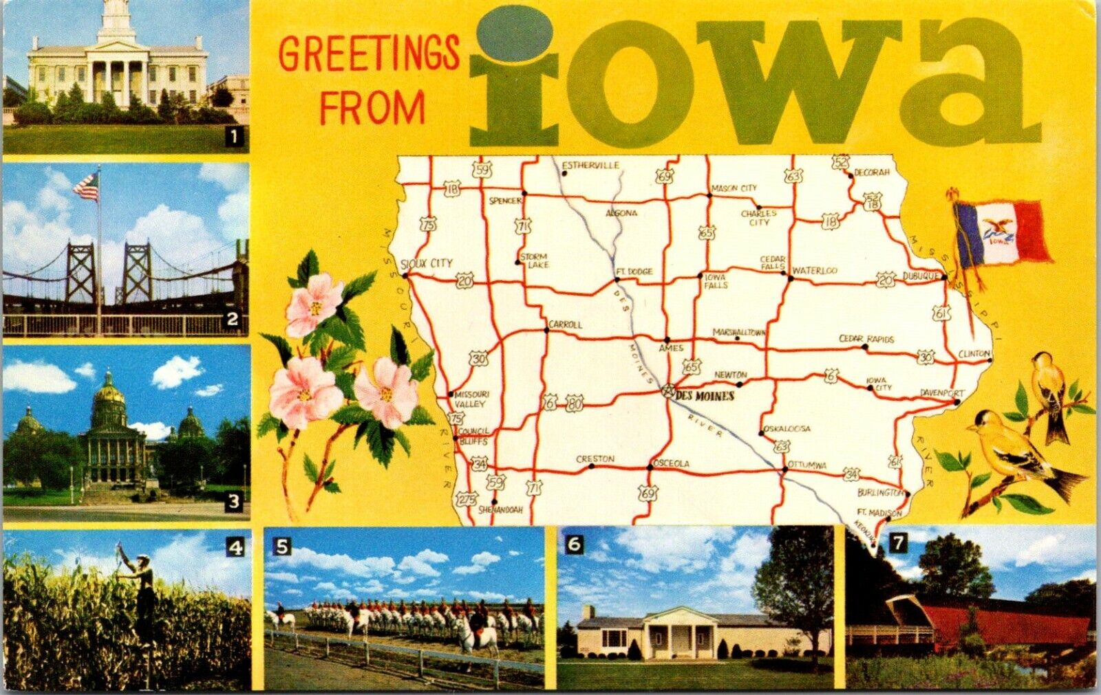 Vintage Postcard Greetings From Iowa State Map Scenes