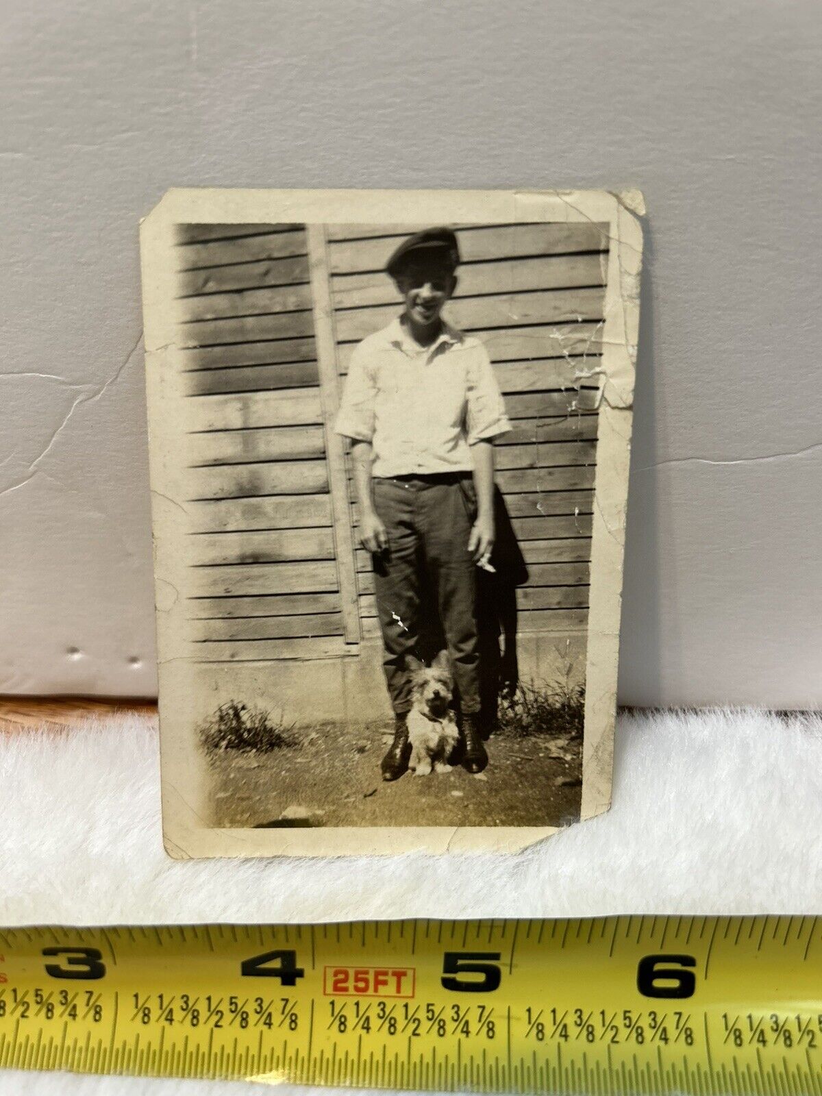 Vintage Photo Snapshot Of Young Man And Dog - Yonkers NY - Name On Back 