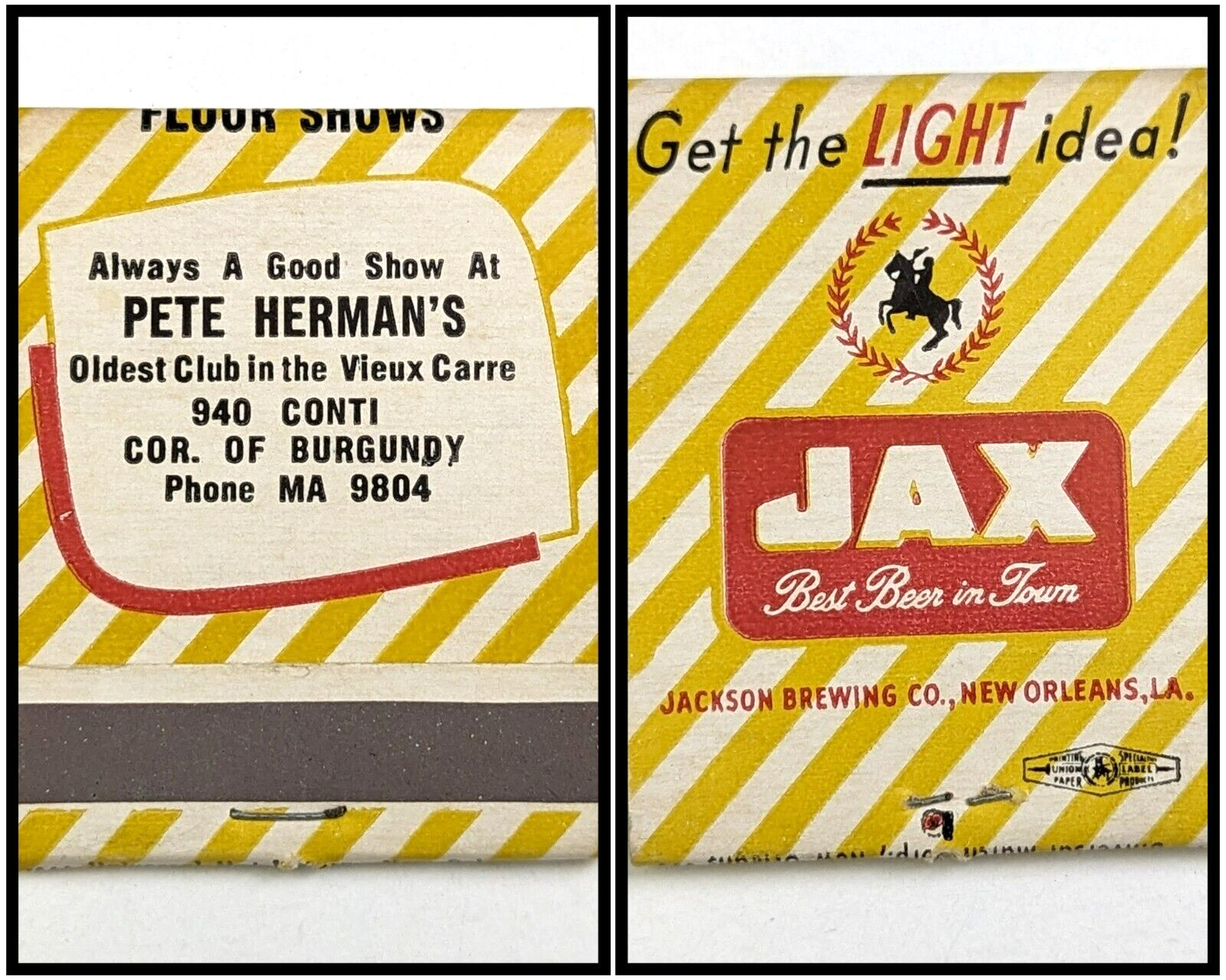 Vtg Matchbook JAX BEER Pete Herman\'s Jazz Club Vieux Carre New Orleans, LA FULL