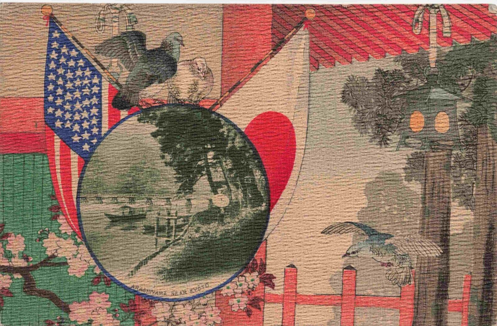1915 Exposition Arashiyama near Kyoto Japan US Flags Imperial Railways Postcard