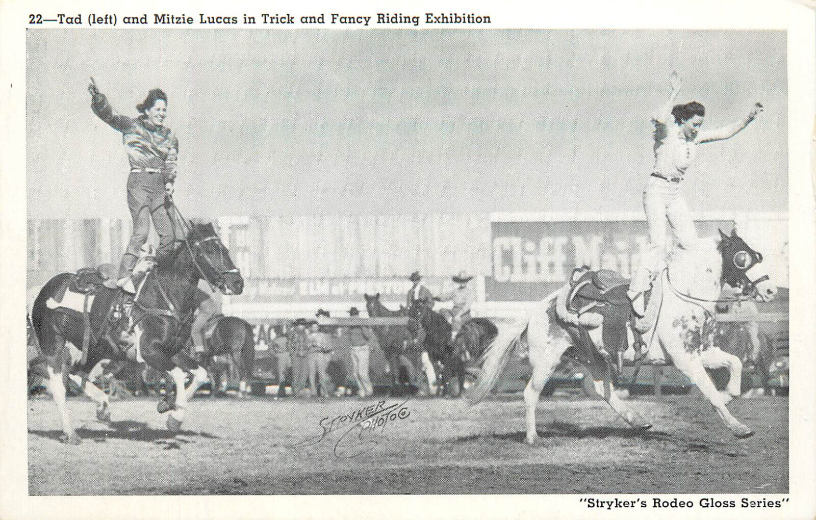 Stryker's Rodeo Gloss Series Postcard 22 Tad & Mitzi Lucas Trick Riding Cowgirl
