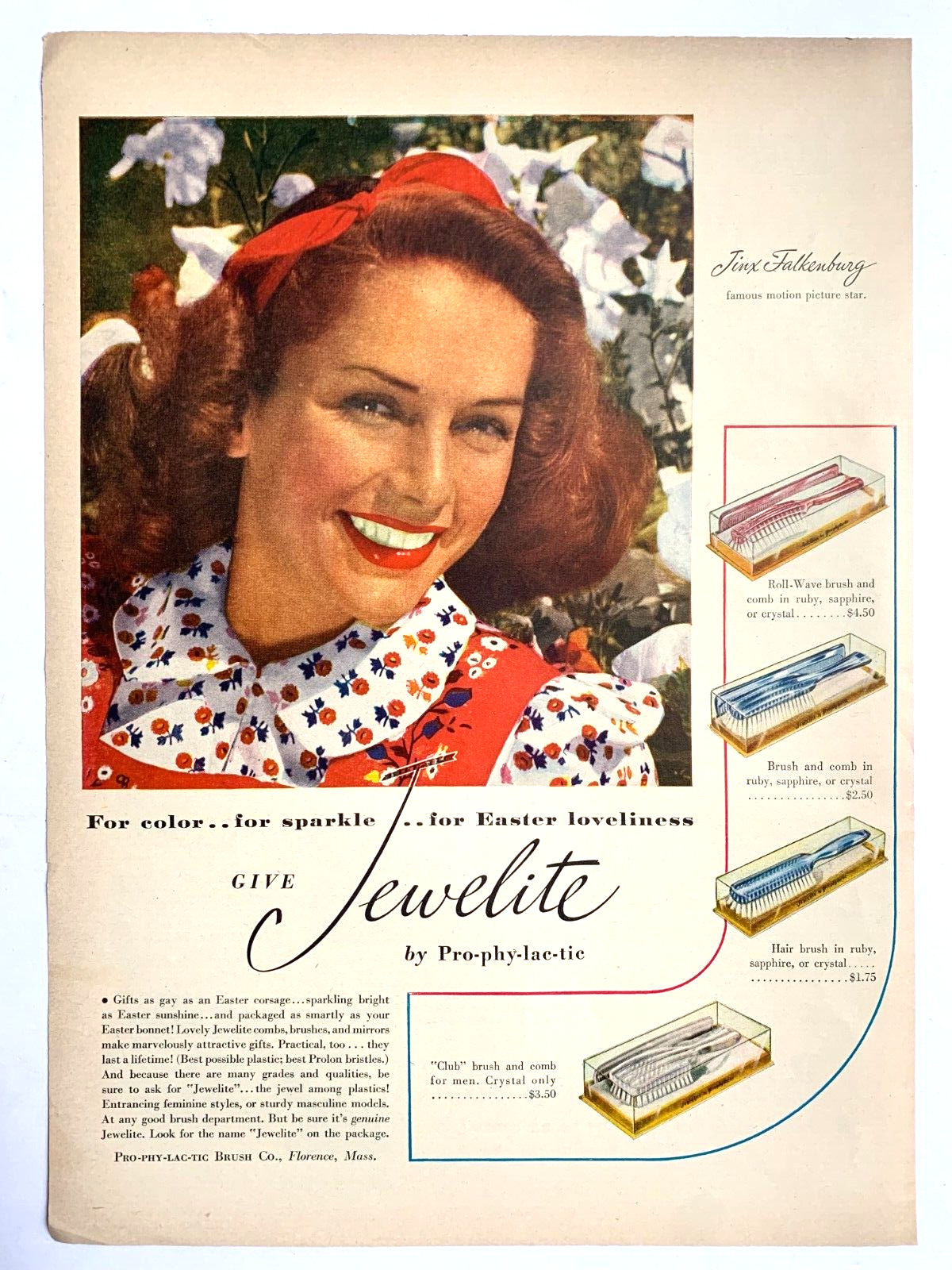 1946 Jewelite Hair Brush Print Ad 13inx10in Jinx Falkenburg 2L