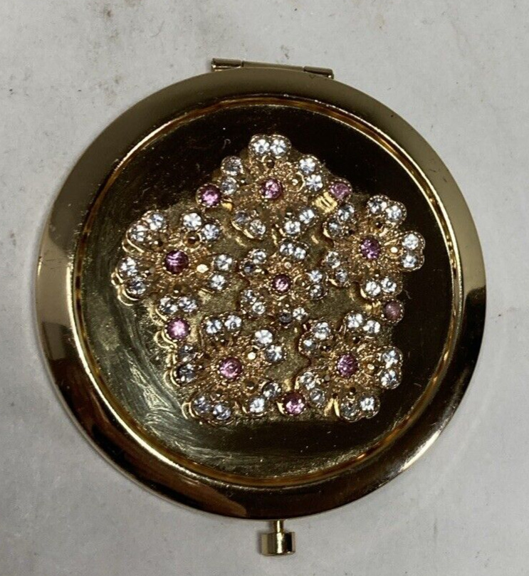 Round Gold Mirror Compact Clear Pink Sparkling Rhinestone FLORAL Daisy Bouquet