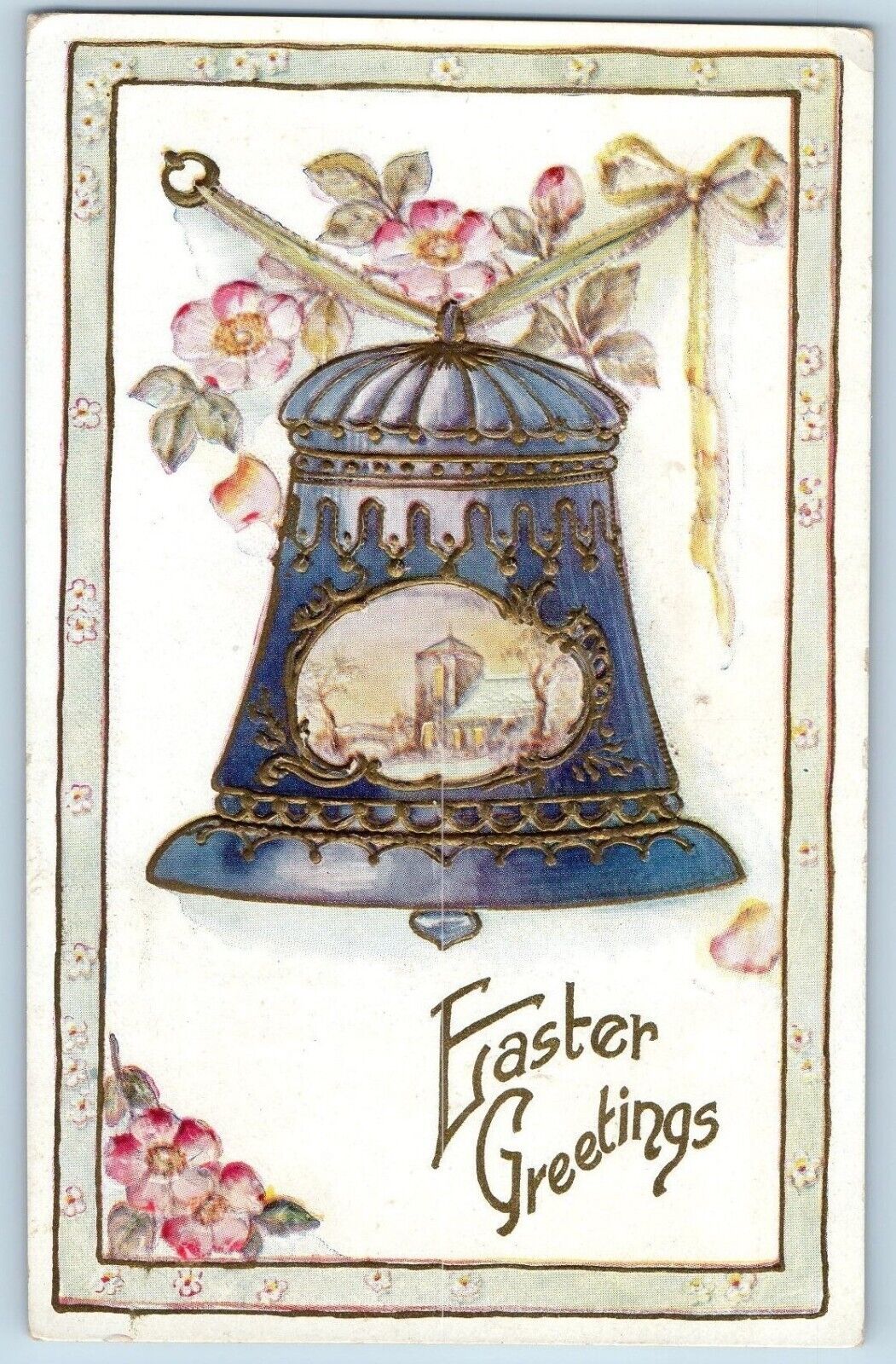 Vernon Center MN Postcard Easter Greetings Big Bell Hanging Flowers Embossed