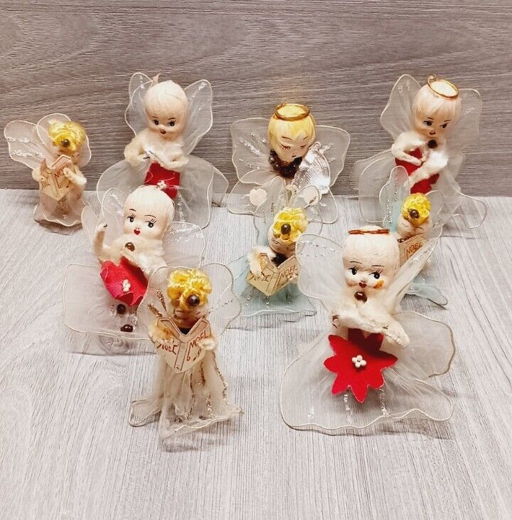 Vintage 1950s Tulle Christmas Angels Pipe Cleaner Arms Ornament Lot  Of 9