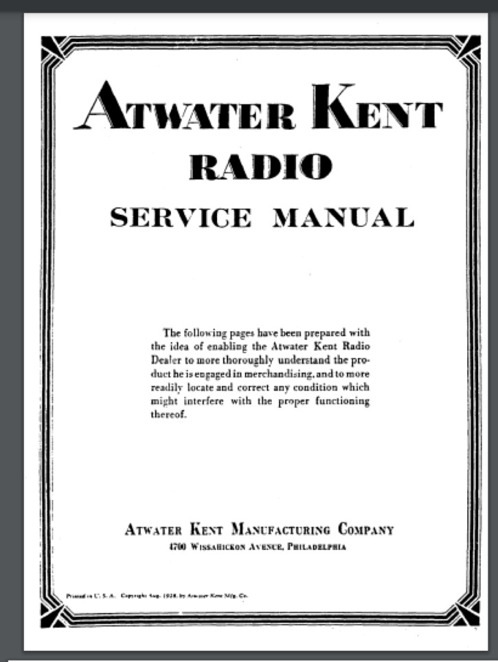 Atwater Kent 1928 Service Manual 58 pages comb bound gloss protective cover