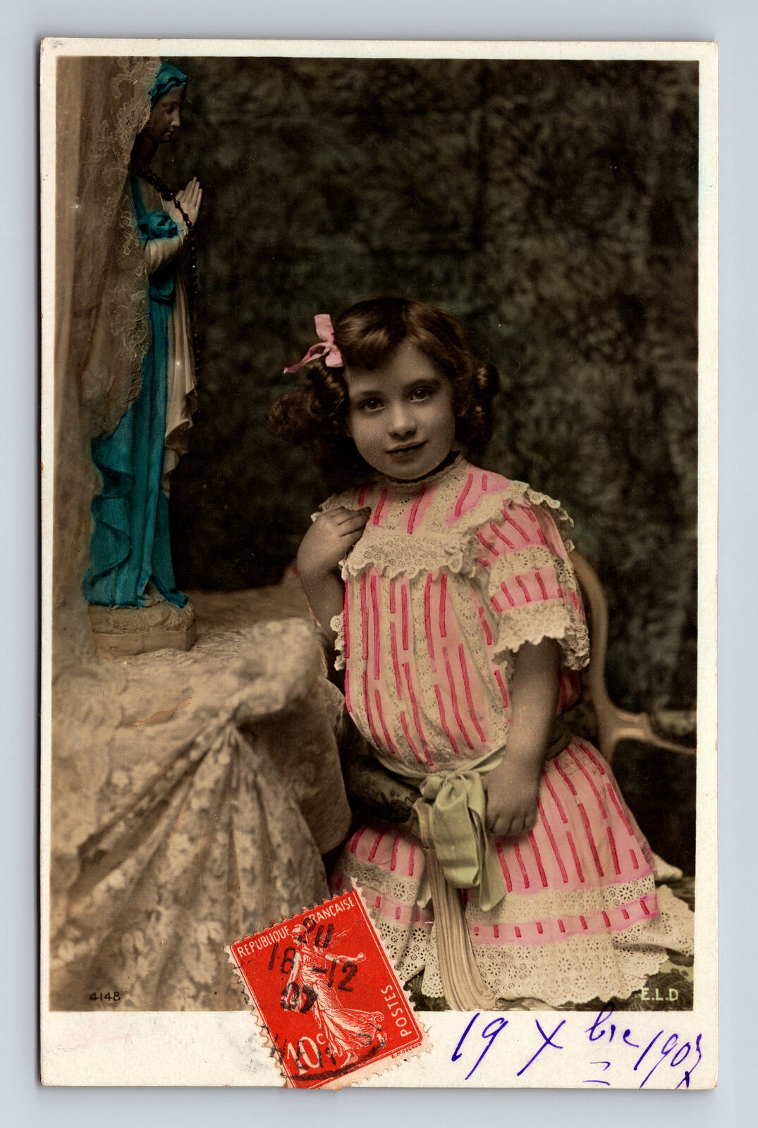 c1907 RPPC French ELD Studio Portrait Young Girl Hand Colored Postcard