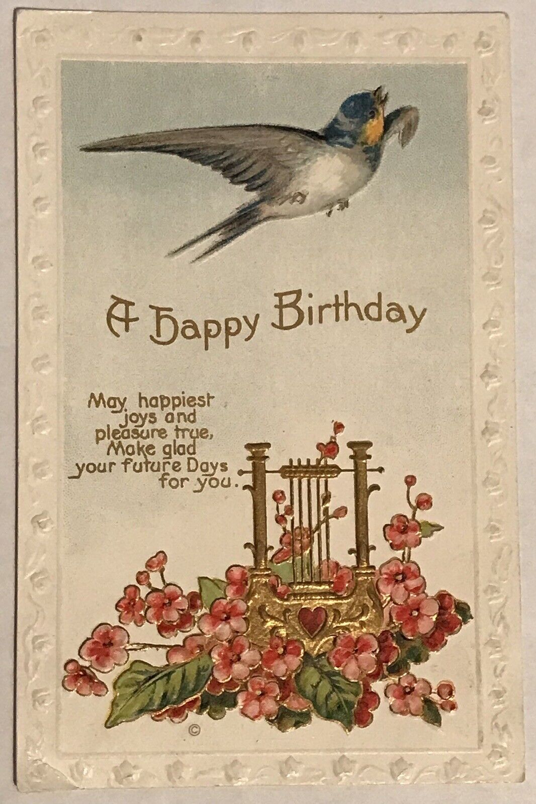 Antique Birthday Postcard Swallow & Golden Harp With Pink Flowers