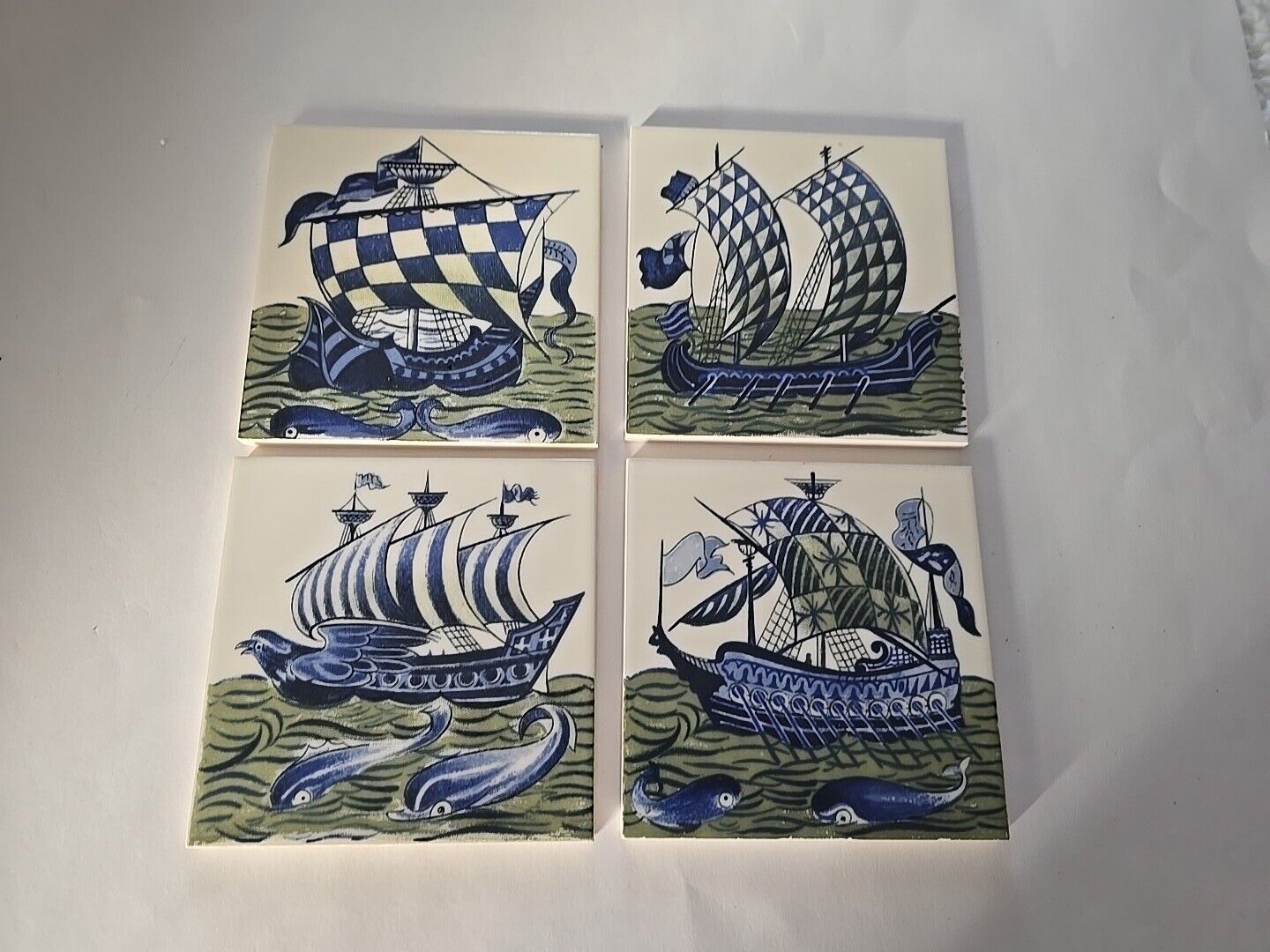 Vintage William De Morgan Style Blue White Sailing Ships Tiles, Lot Of 4