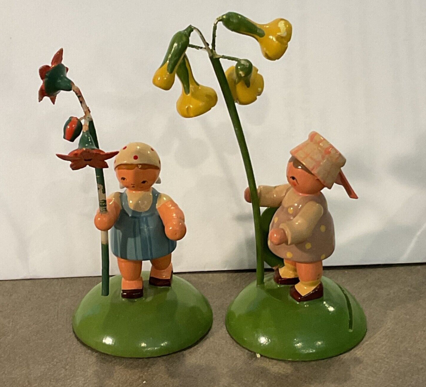 Lot of 2 Adorable Vintage Erzgebirge Miniature Wooden Flower Girl Children