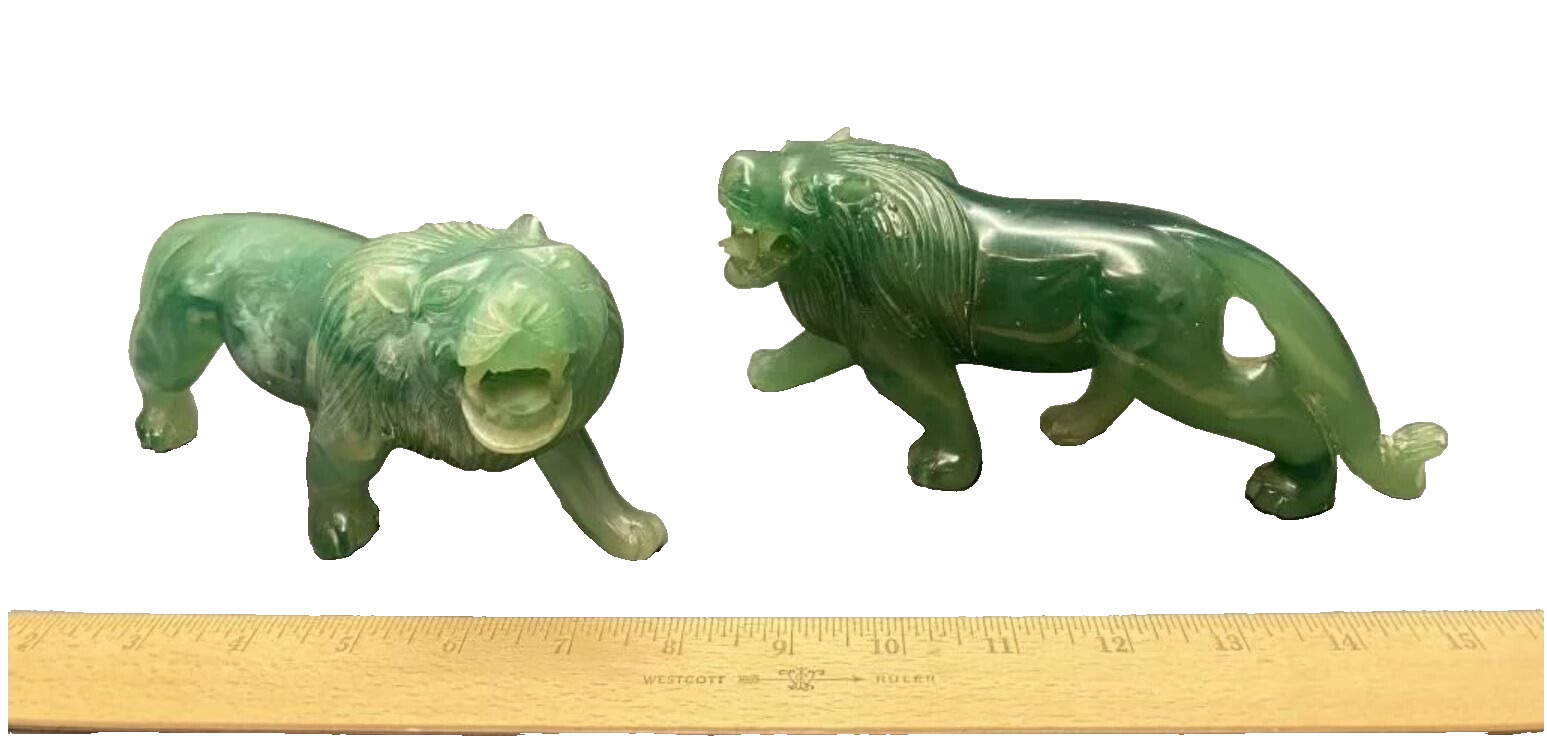 Vintage Jade Color Lion Statues Carved Resin