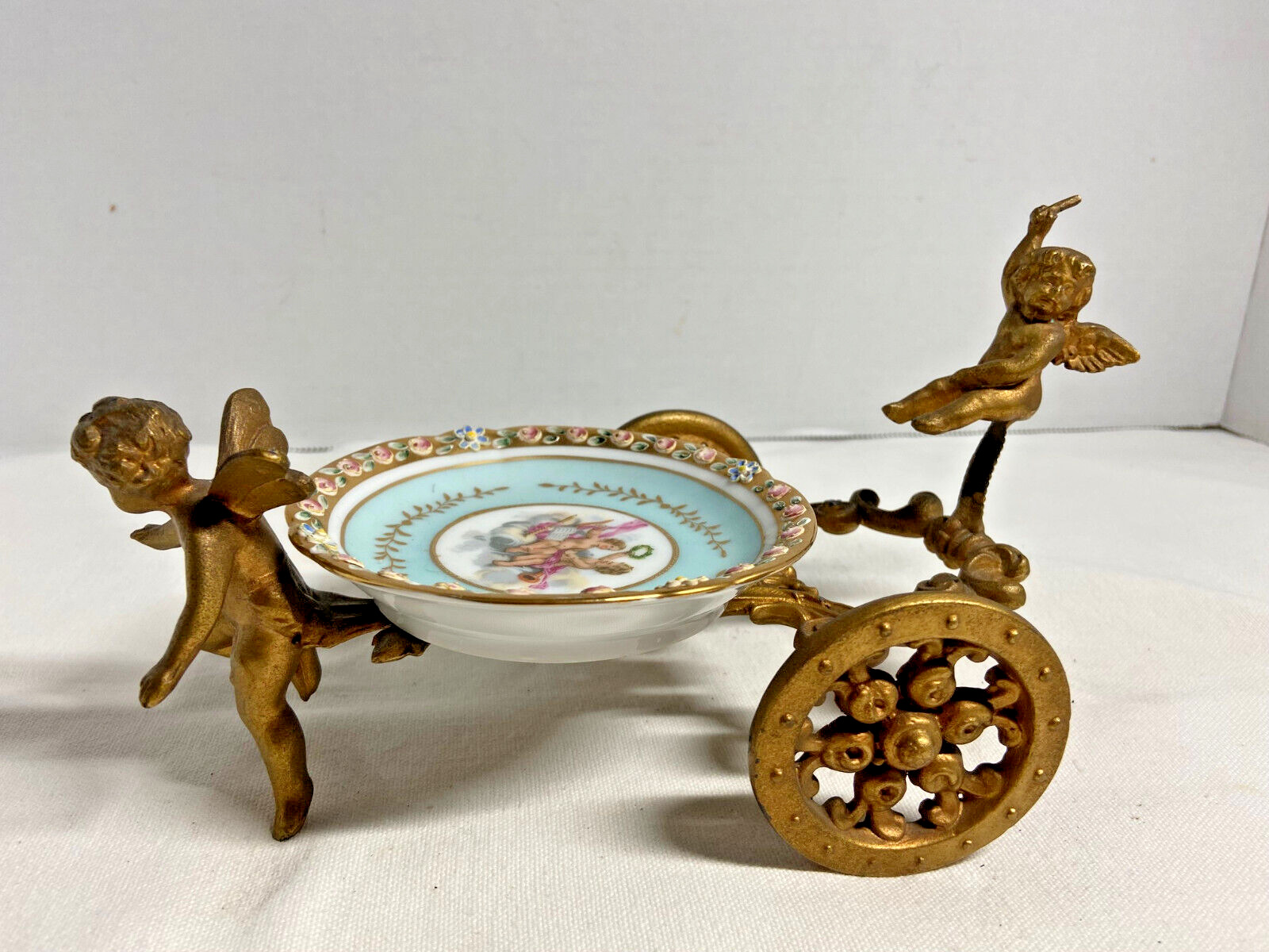 Vintage Italian Capodimonte Porcelain Cherub Trinket Dish And Bronze Chariot