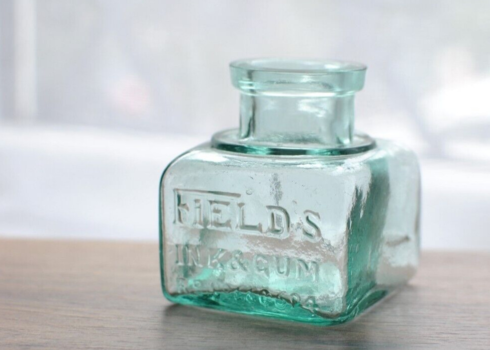 Superb Vintage Aqua Glass Ink Bottle / FIELD\'S INK & GUM  / Antique / POT