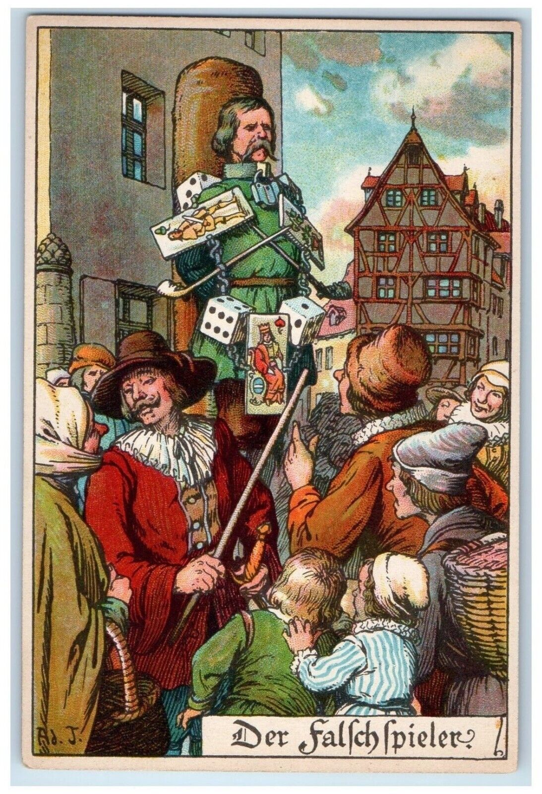 c1910\'s Gambling Cheater Card Dice Humiliation Germany Unposted Antique Postcard