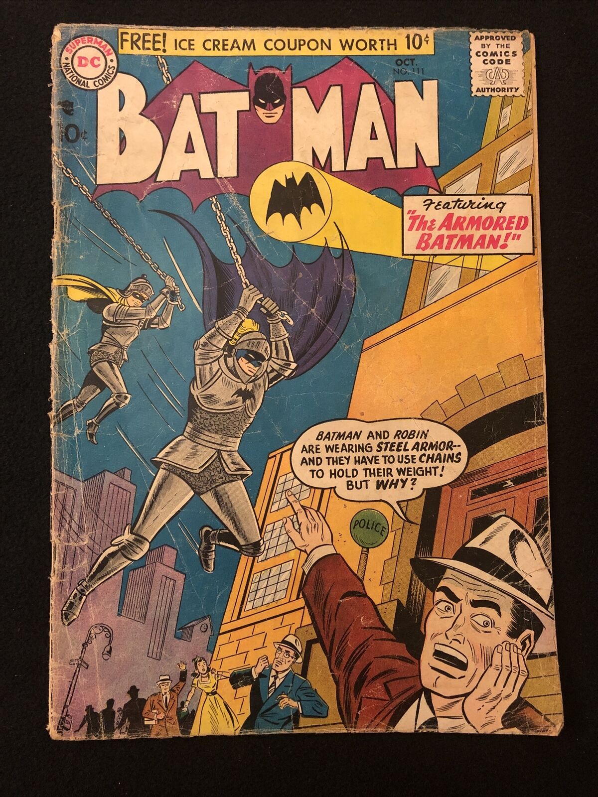 BATMAN 111 1.0 1.5 DC 1957 THE ARMORED BATMAN COVER HELD ON 1 STAPLE MO