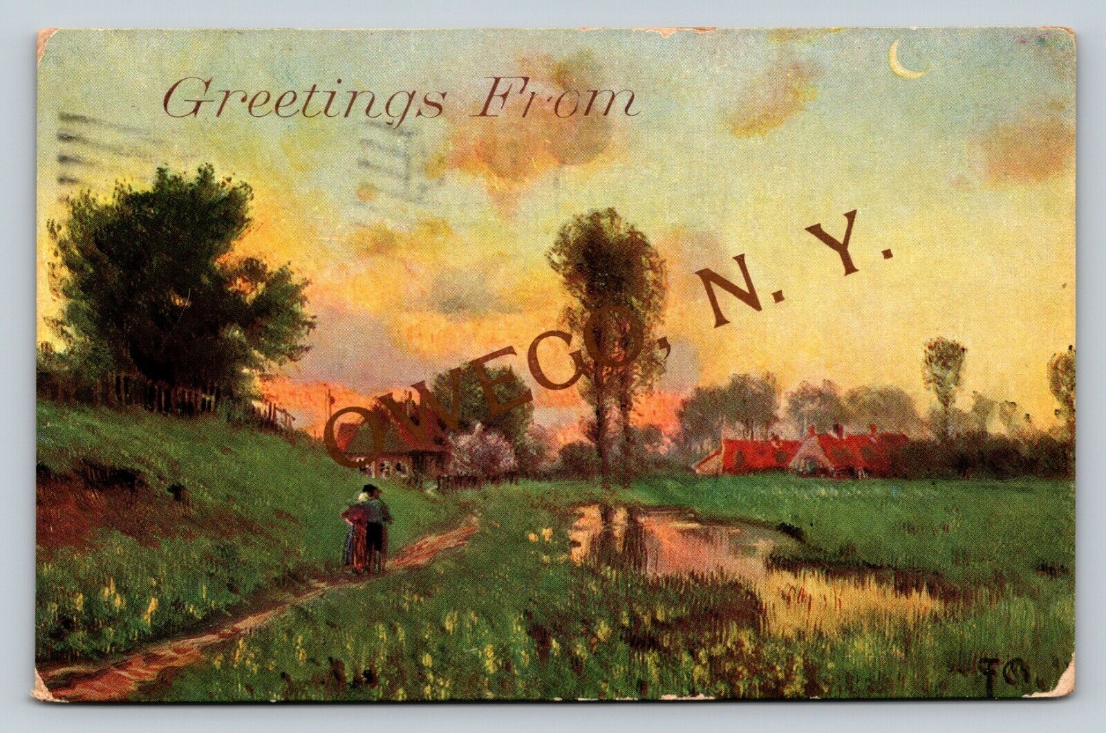 c1910 Greetings From Owego New York NY ANTIQUE Postcard