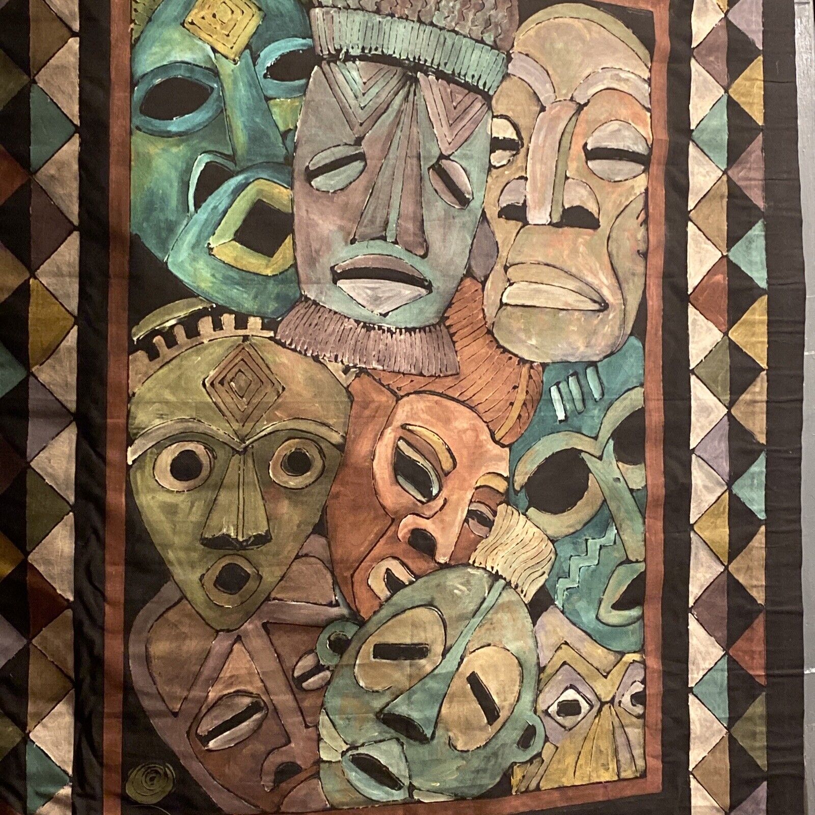 Original Large 32x41 Oil painting On Fabric, African Masks, Signed Jillex FLAG