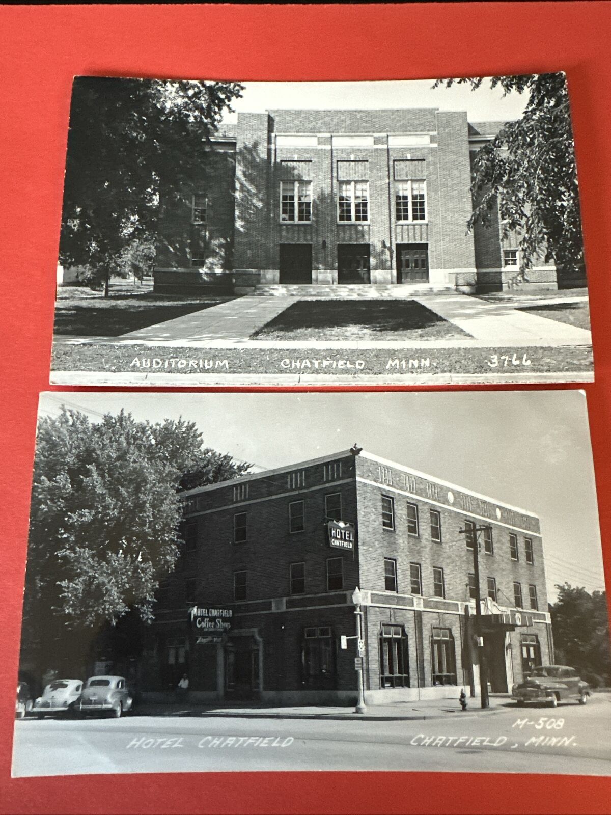 2 RPPC Auditorium Hotel Chatfield Minnesota Postcard 1940’s